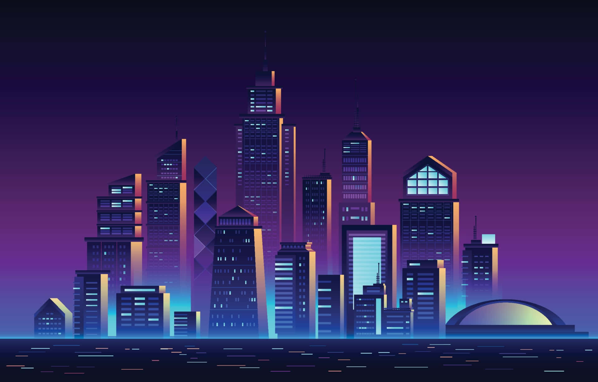 Futuristic City 桌布 壁紙 — 夜晚霓虹燈照亮的未來城市天際線，發光的摩天大樓襯托著深紫色漸變天空。
