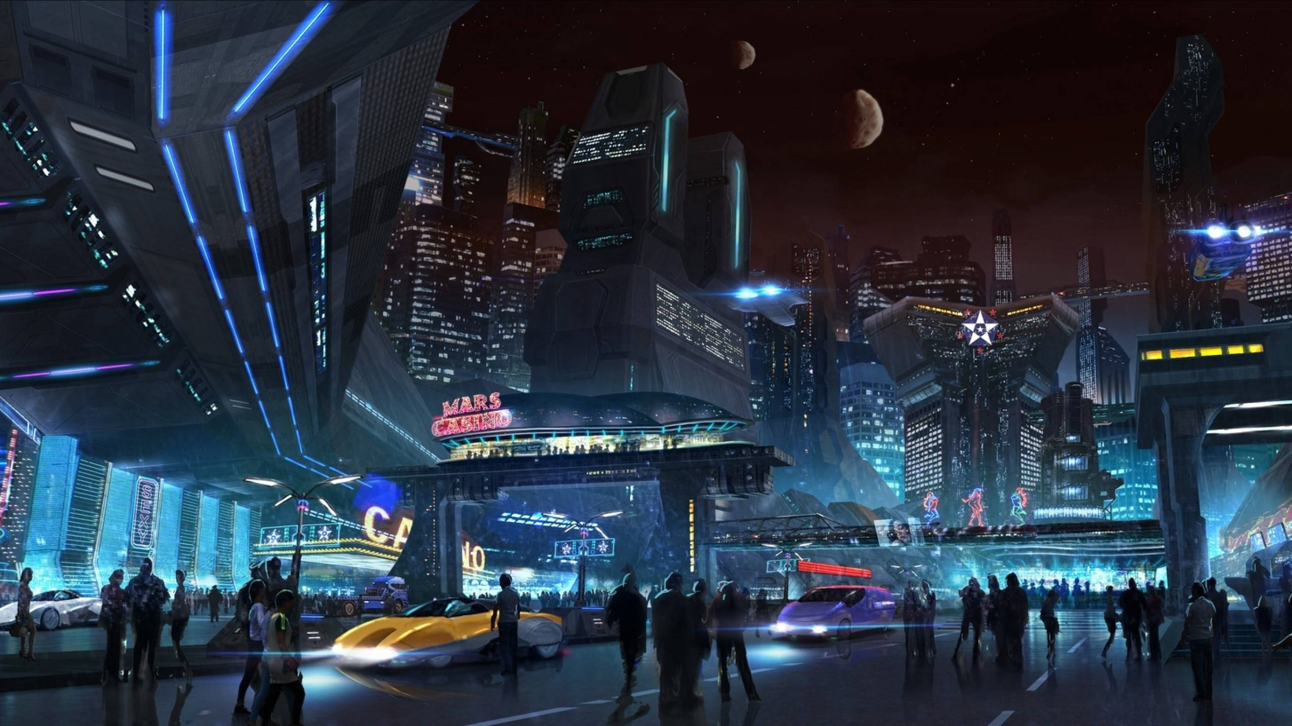 電馭叛客2077 桌布 壁紙 — 夜晚霓虹燈照亮的未來城市景觀，高聳的摩天大樓閃爍著藍色和紫色，飛行的汽車，以及人群在星空下，天空中有兩個月亮。