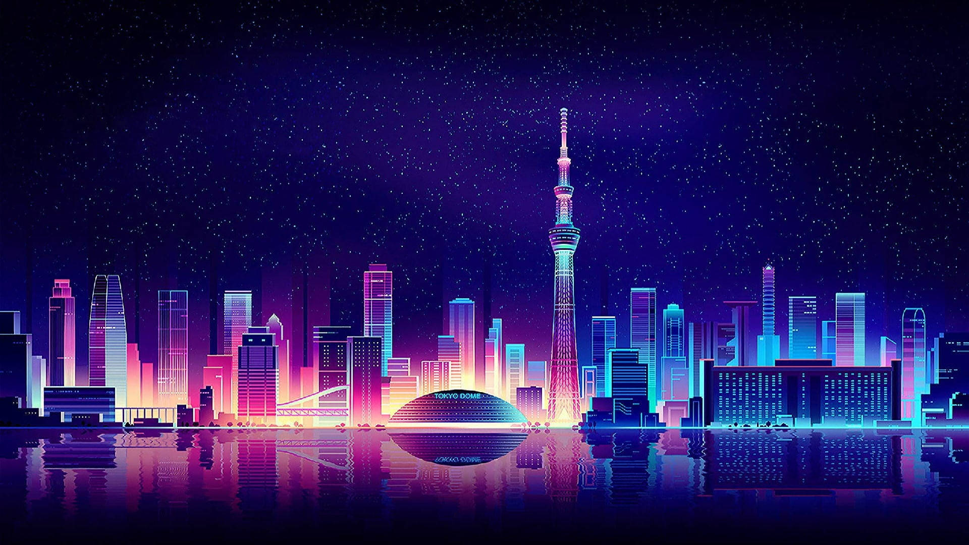紫色夜空 桌布 壁紙 — 夜晚霓虹燈照亮的東京天際線，發光的摩天大樓和東京塔在繁星點點的紫色天空下倒映在水中。