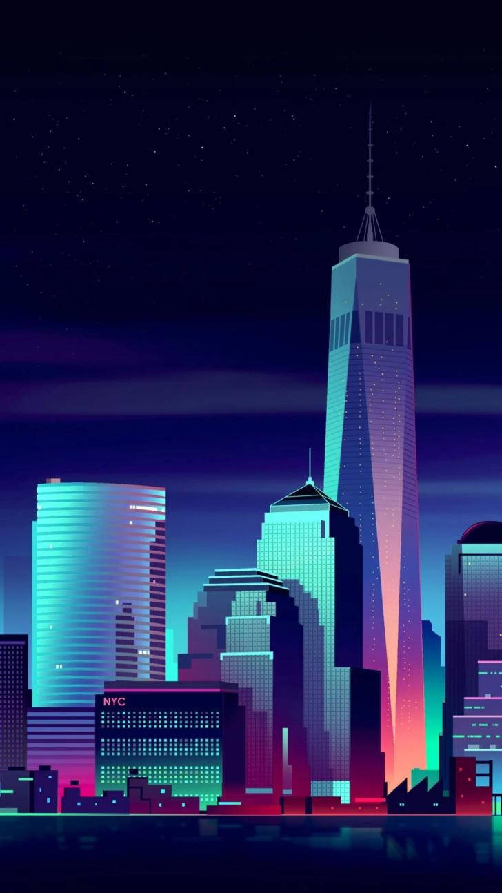 Aesthetic Pixel Art HD 桌布 壁紙 — 夜晚霓虹燈照亮的紐約市天際線，閃爍的摩天大樓在繁星點點的紫色天空下倒映在水中。