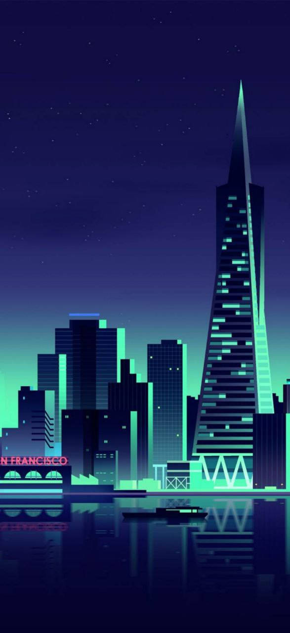 san francisco iPhone 桌布 壁紙 — 夜晚霓虹燈照亮的舊金山天際線，閃閃發光的摩天大樓在星空下的水中倒映。