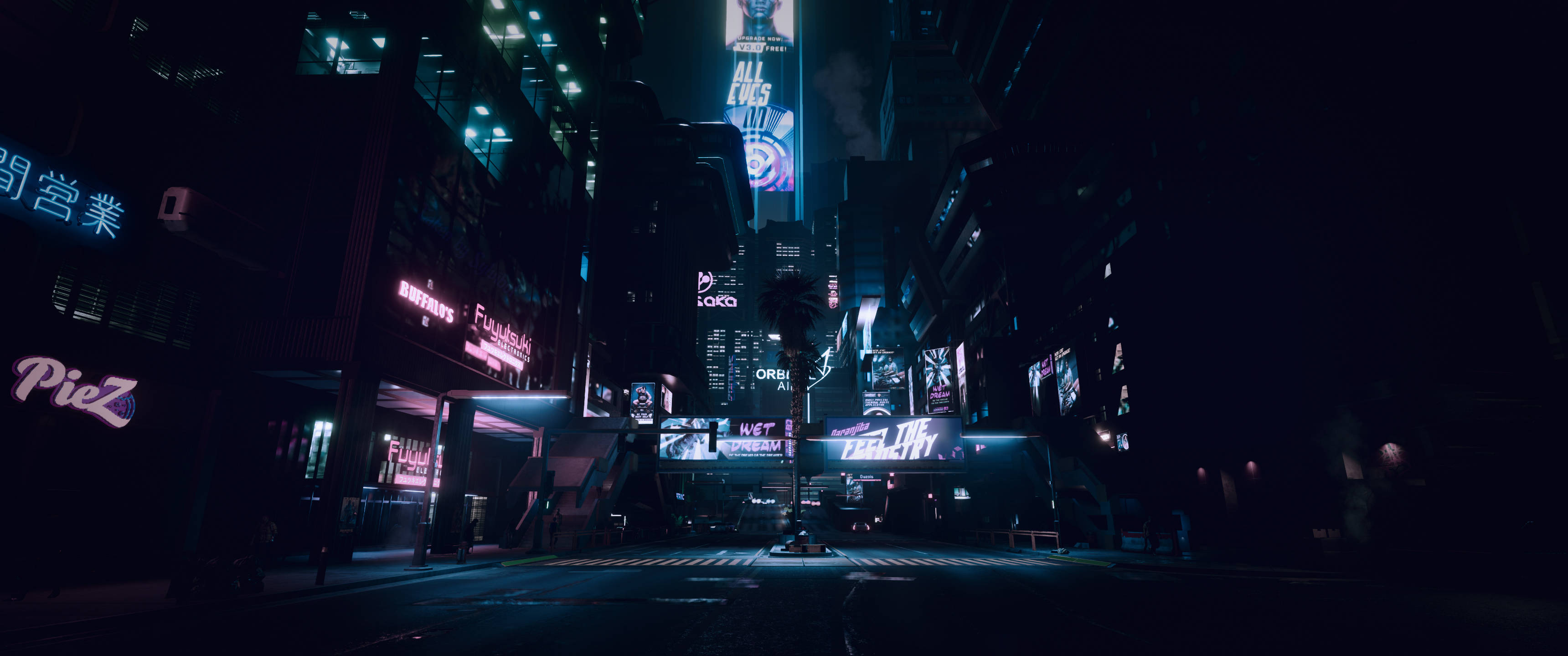 桌布 壁紙 — 夜晚霓虹燈照亮的賽博朋克城市街道，高聳的建築物和發光的招牌倒映在濕漉漉的人行道上。