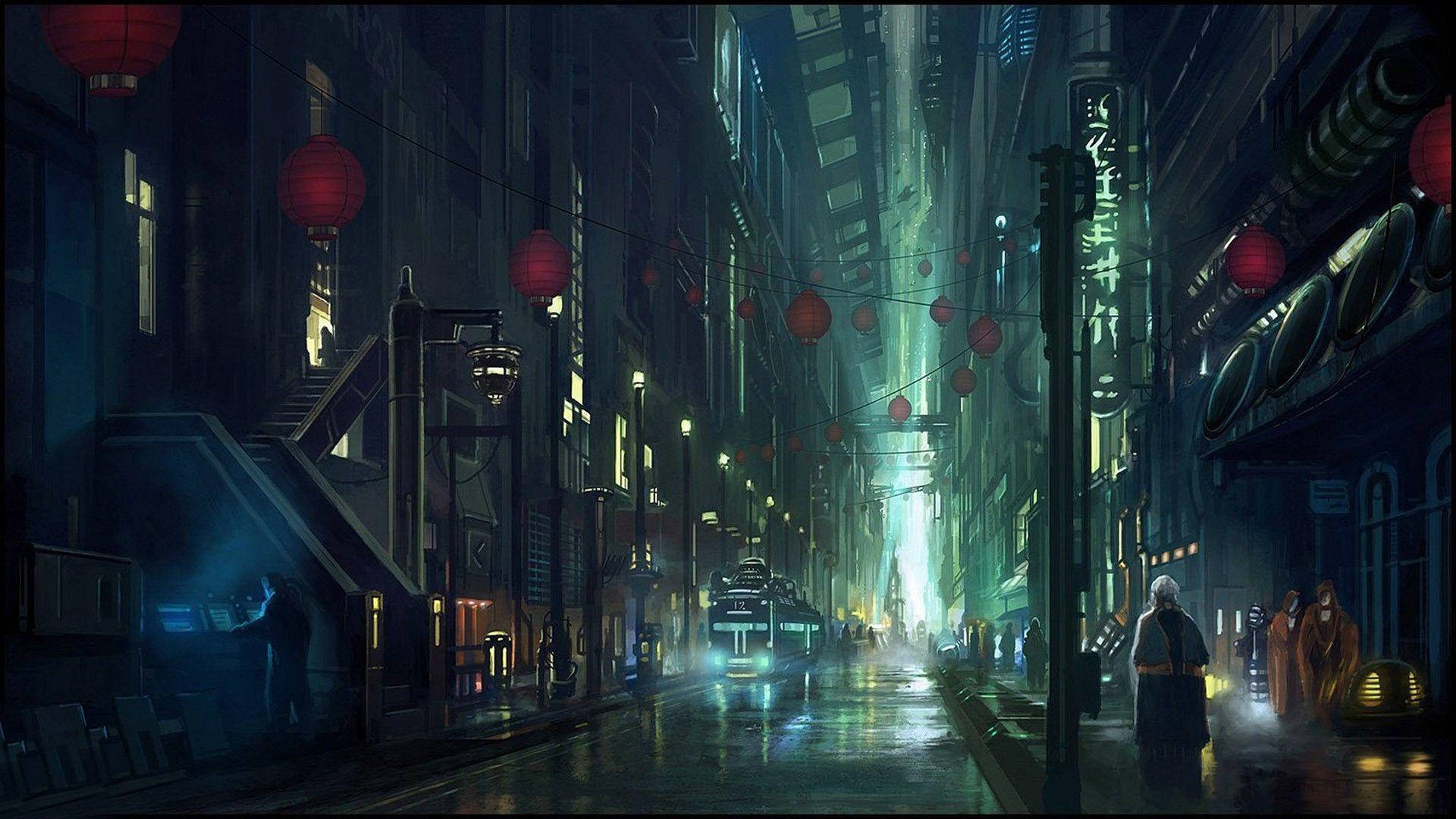電馭叛客2077 桌布 壁紙 — 夜晚霓虹燈照亮的賽博朋克小巷，濕漉漉的路面反射著紅色燈籠的光芒，遠處有發光的車輛。