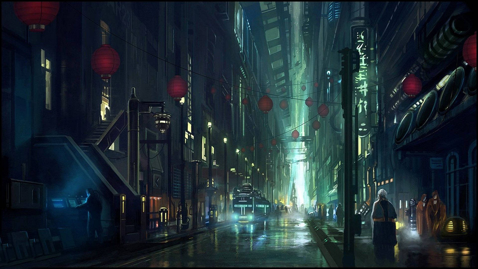 賽博龐克 桌布 壁紙 — 夜晚霓虹燈照亮的賽博朋克小巷，紅色燈籠在潮濕的路面上閃耀，一個孤獨的身影走向發光的車輛。