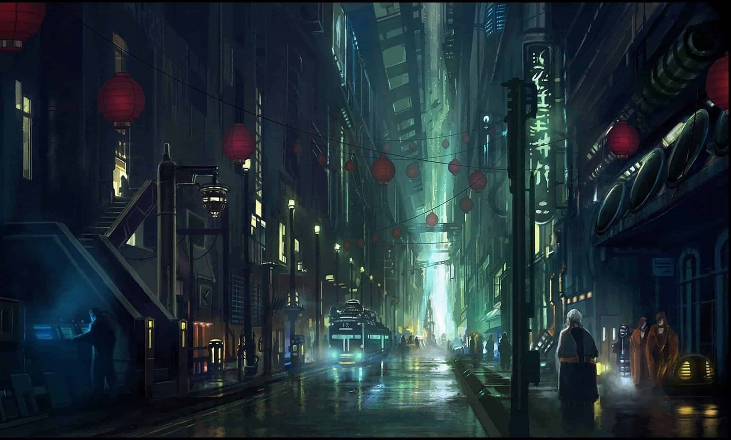 Lo Fi Aesthetic 桌布 壁紙 — 夜晚霓虹燈照亮的賽博朋克小巷，紅色燈籠在潮濕的路面上反射，盡頭有遠處的明亮光線。