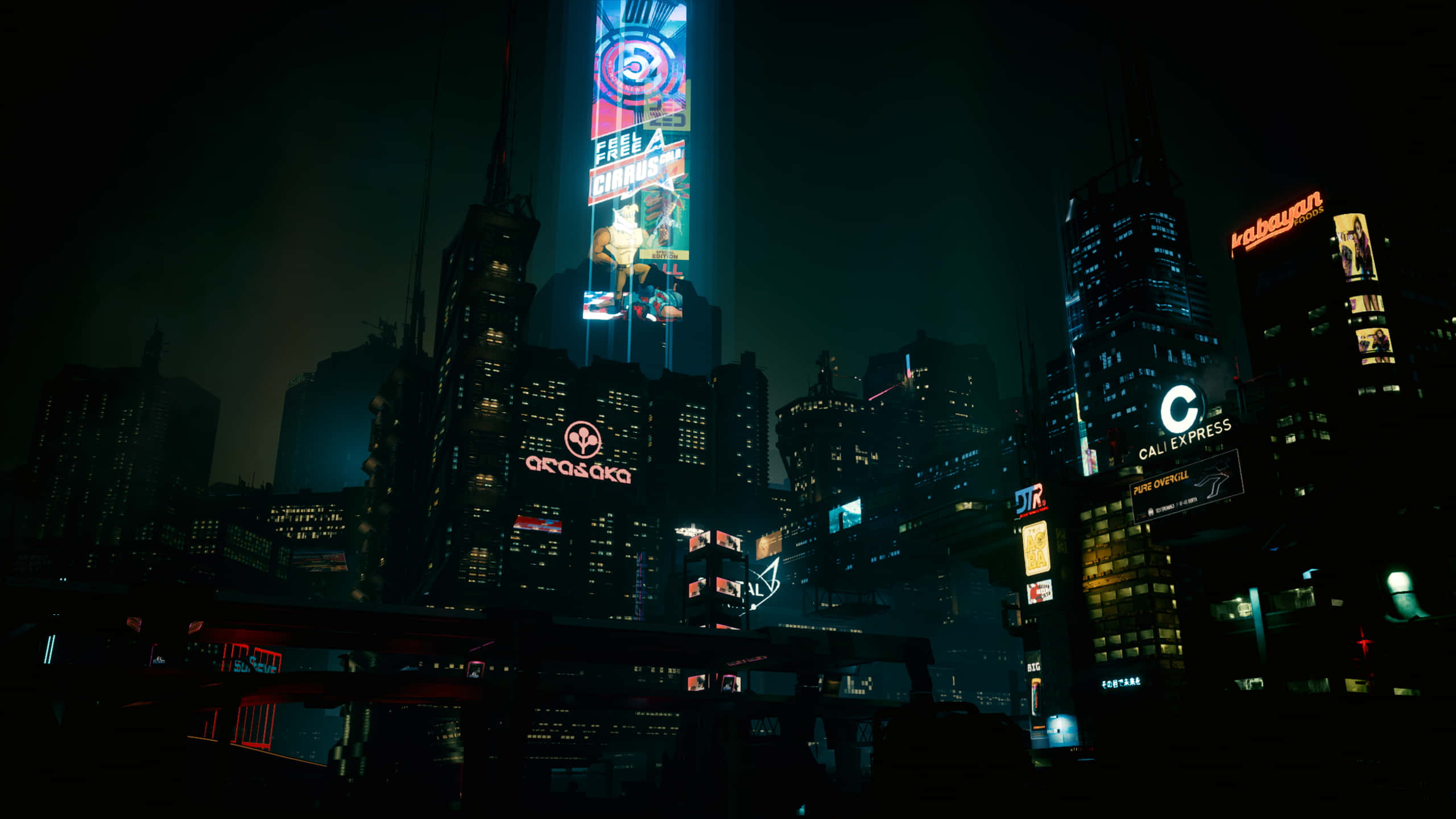 Dark Cyberpunk 桌布 壁紙 — 夜晚霓虹燈照亮的賽博龐克城市景觀，高聳的摩天大樓展示著充滿活力的數位廣告看板和發光的廣告。