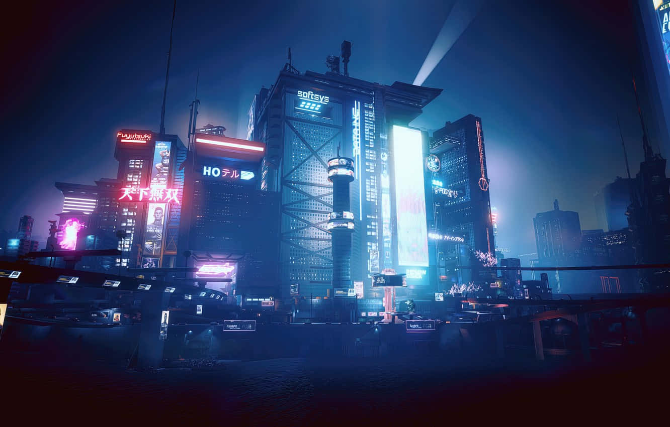 建築 桌布 壁紙 — 夜晚霓虹燈照亮的賽博龐克城市景觀，高聳的摩天大樓閃爍著充滿活力的數位廣告牌和全息投影。