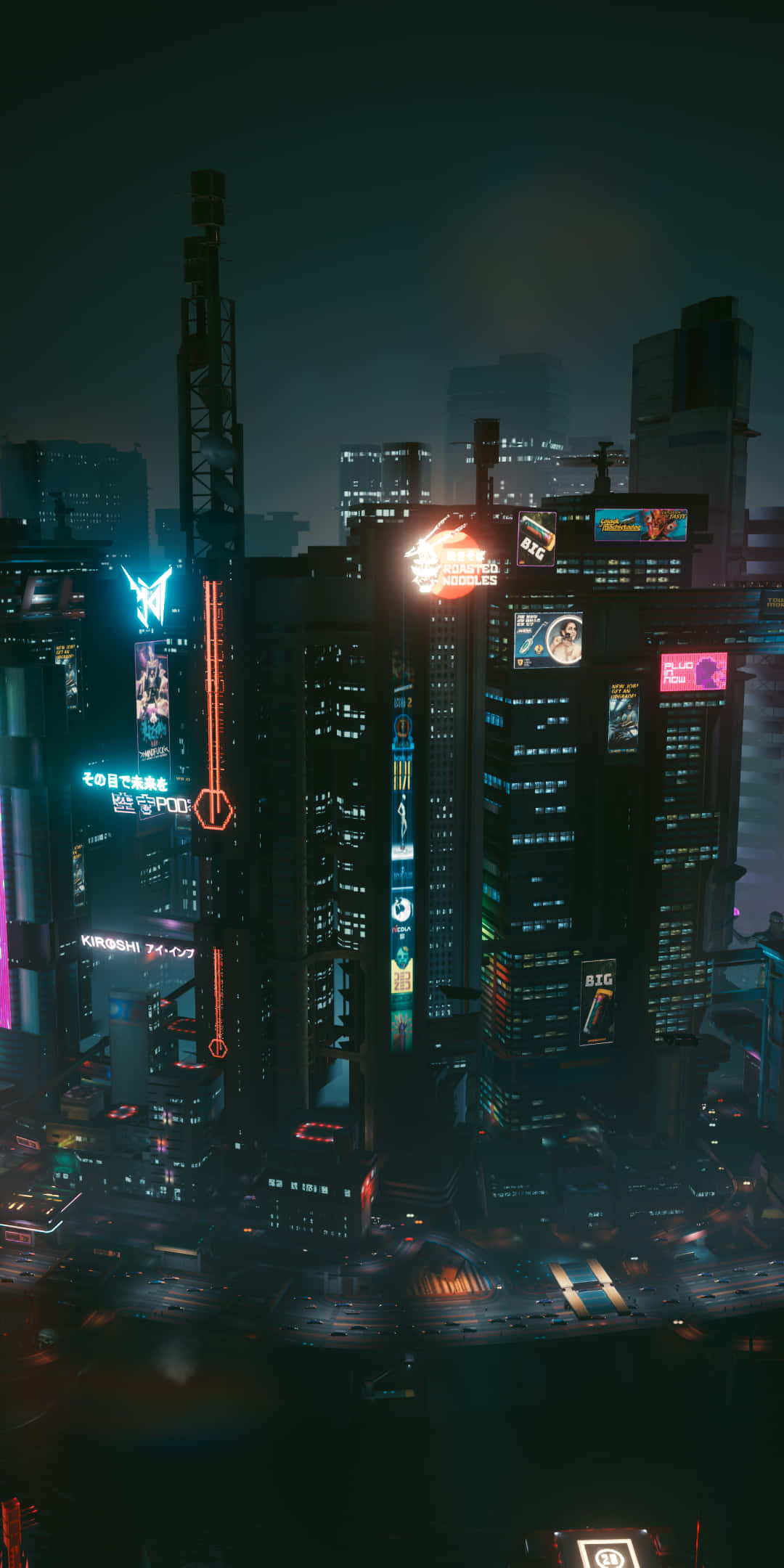 Cyberpunk Night City 桌布 壁紙 — 夜晚霓虹燈照亮的賽博龐克城市景觀，高聳的摩天大樓閃爍著鮮豔的數位廣告牌和全息投影。