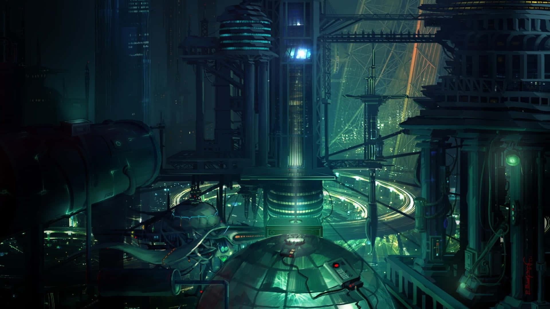Future City 桌布 壁紙 — 夜晚霓虹燈照亮的賽博龐克城市景觀，高聳的建築物和發光的綠色管道在黑暗的天空下。