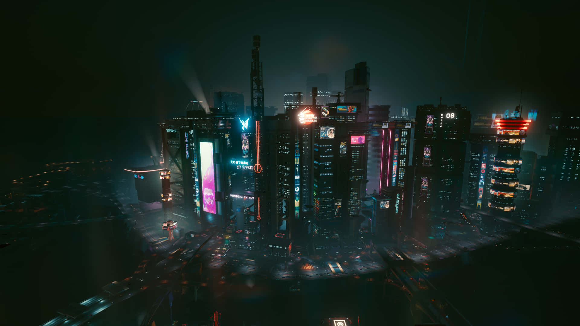 Cyberpunk Night City 桌布 壁紙 — 夜晚霓虹燈照亮的賽博龐克城市景觀，高聳的摩天大樓閃爍著鮮豔的數位廣告牌，下方是雨水浸濕的街道。