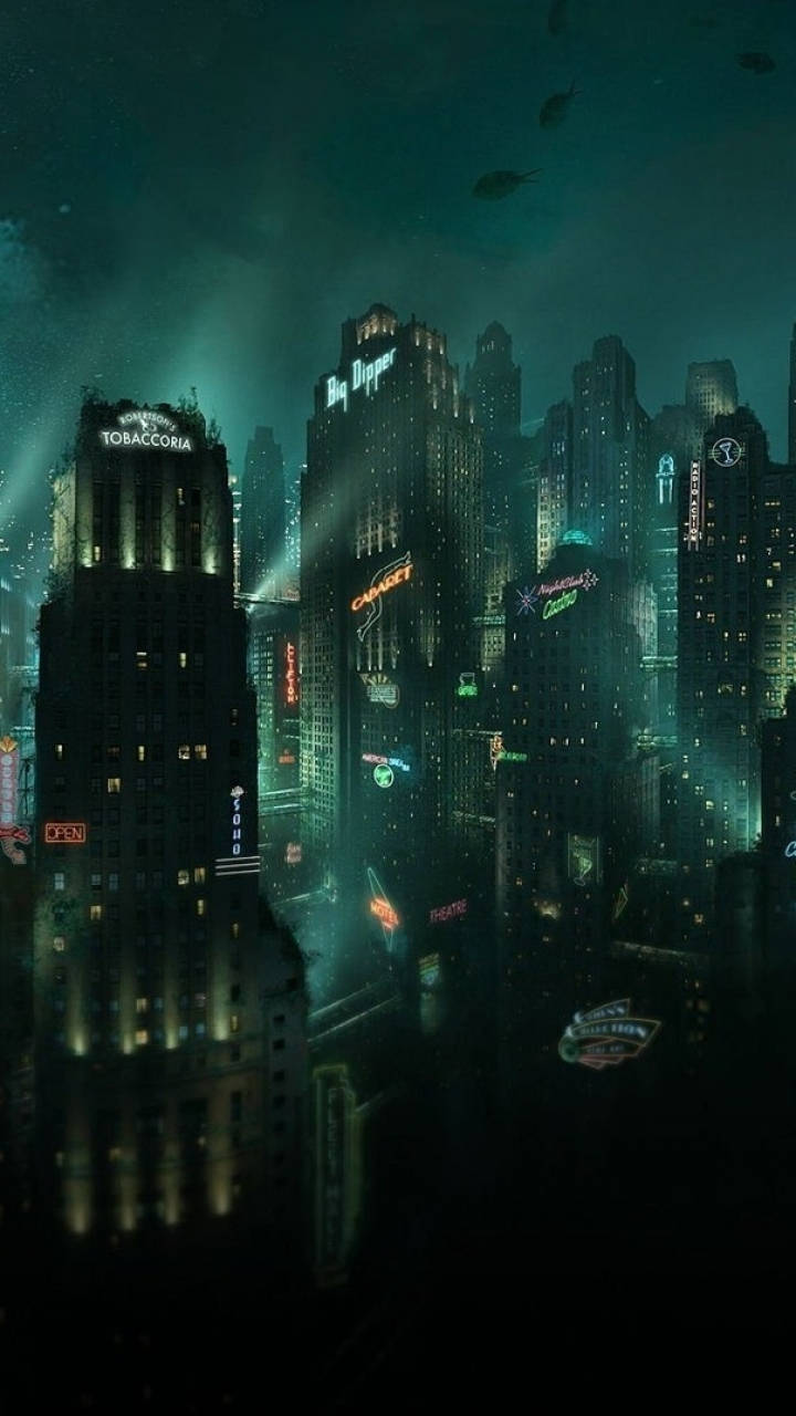 手機 桌布 壁紙 — 夜晚霓虹燈照亮的賽博龐克城市景觀，高聳的摩天大樓在深青色天空下閃耀。