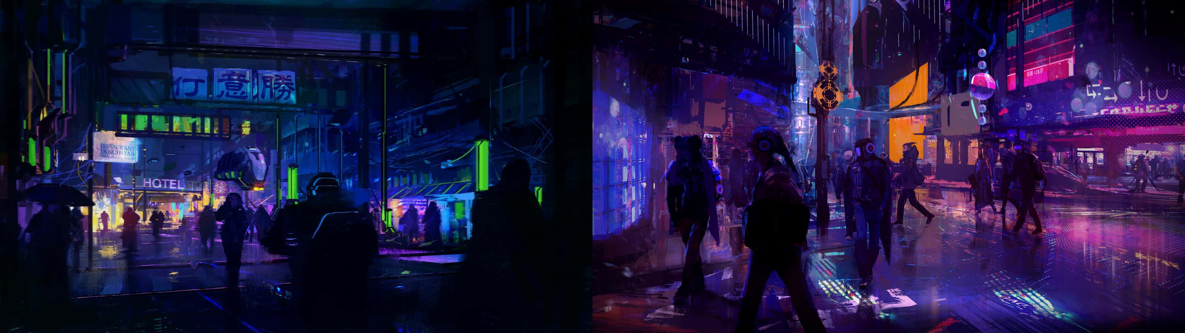 City At Night 桌布 壁紙 — 夜晚霓虹燈照亮的賽博龐克城市街道，行人剪影在發光招牌和雨水濕滑的路面上行走。