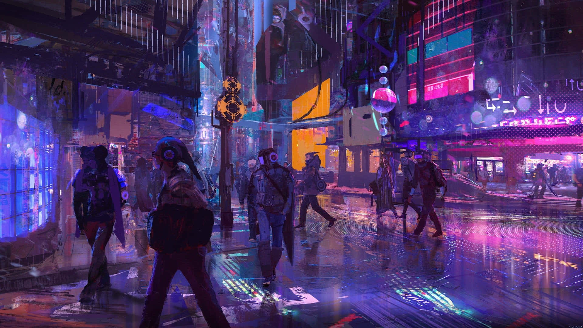 3d City 桌布 壁紙 — 夜晚霓虹燈照亮的賽博龐克街道，雨水濕滑的路面反射著發光的招牌和穿著未來裝備的行人。