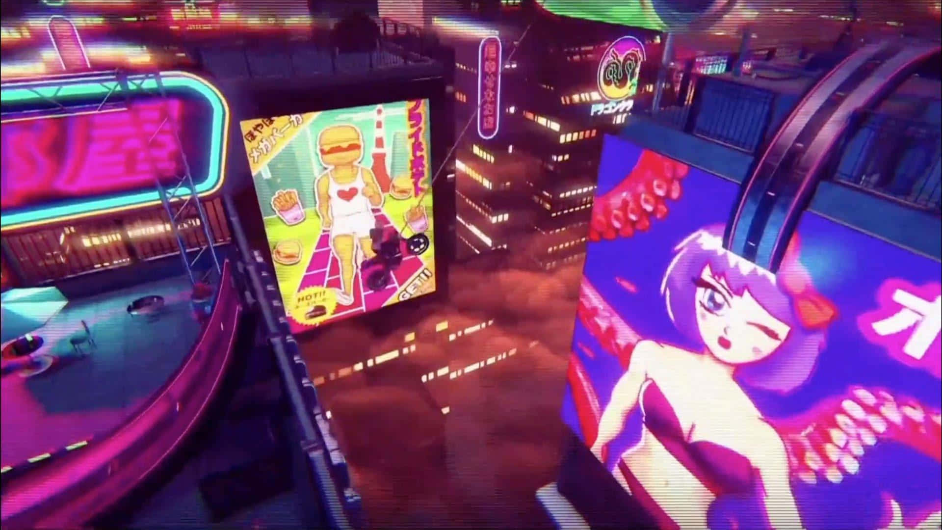 Arcade Aesthetic 桌布 壁紙 — 夜晚霓虹燈閃爍的動漫城市景觀，高聳的廣告牌展示著充滿活力的卡通角色和發光的標誌。