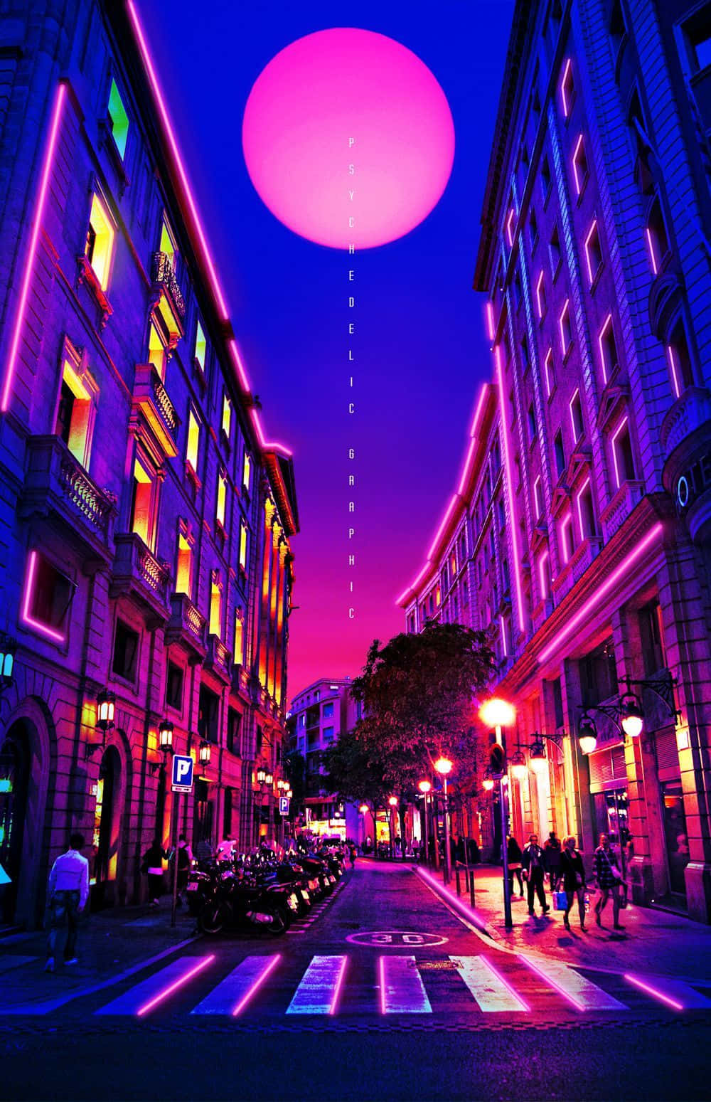 霓虹美學 桌布 壁紙 — 夜晚霓虹燈閃爍的城市街道，巨大的粉紅色太陽和垂直文字在高聳建築物之間發光。