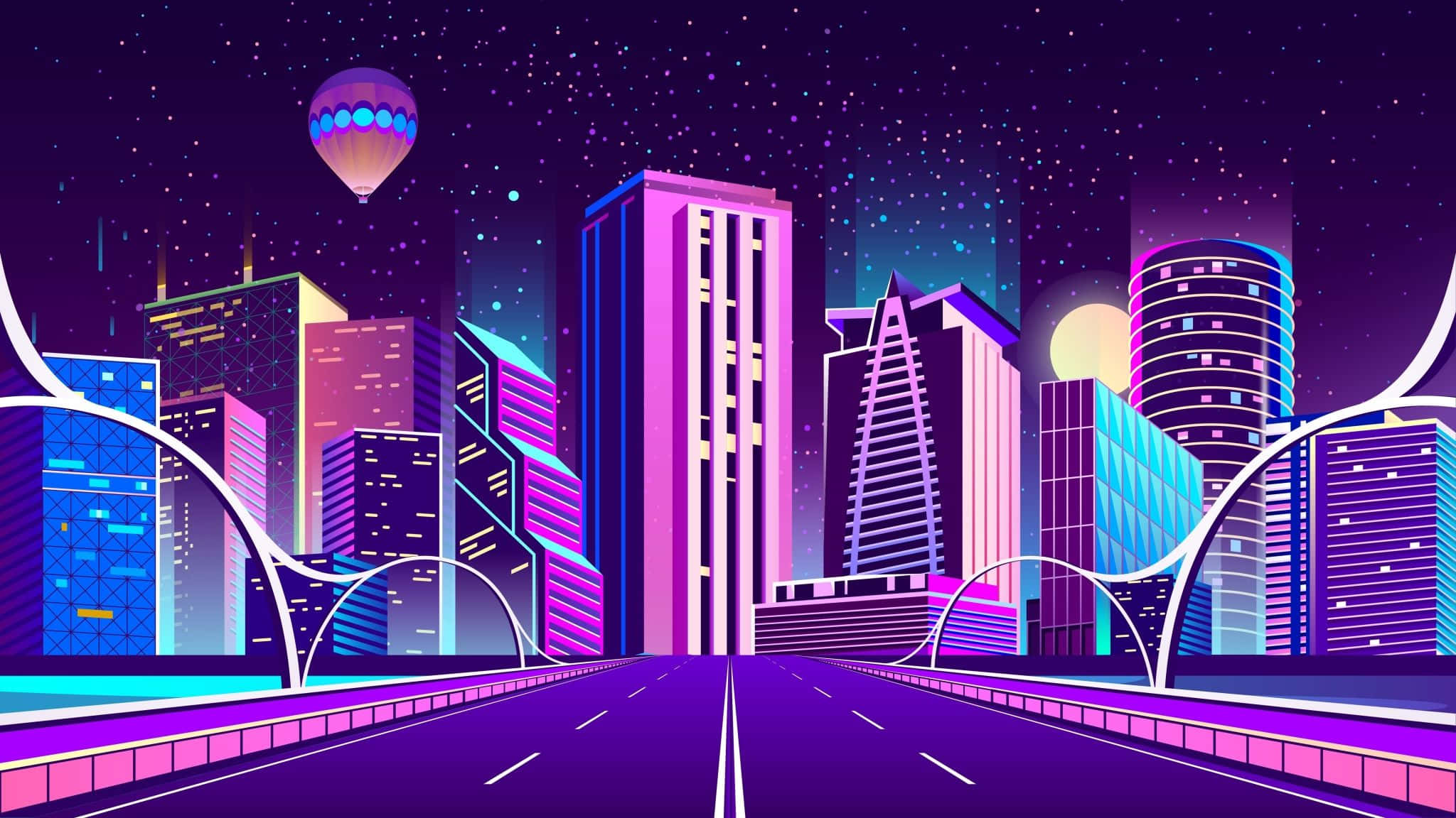 桌布 壁紙 — 夜晚霓虹燈閃爍的未來城市景觀，發光的摩天大樓和熱氣球漂浮在發光的高速公路上方。