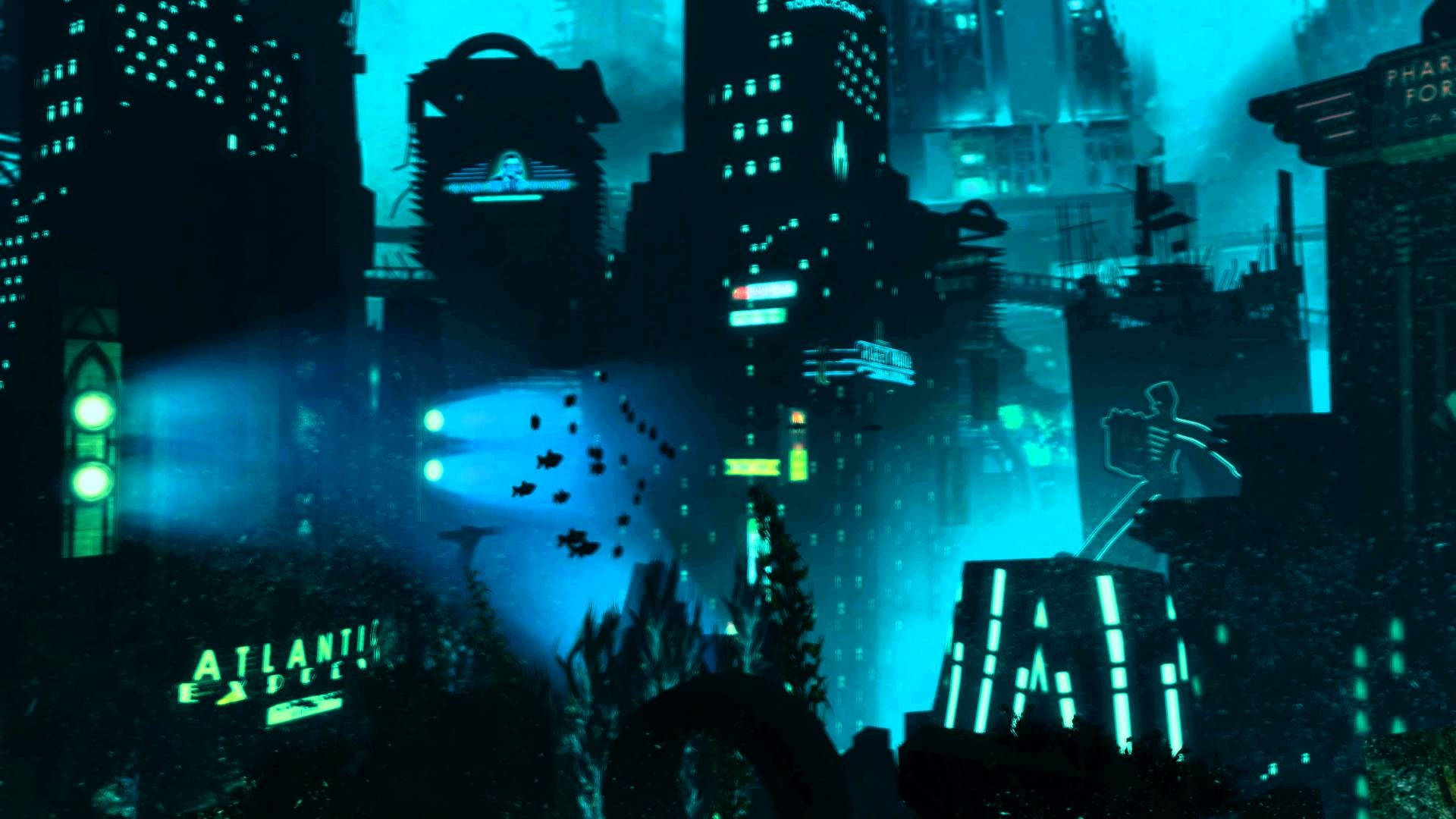 bioshock 4K 桌布 壁紙 — 夜晚霓虹燈閃爍的賽博龐克城市景觀，發光的摩天大樓和飛行車輛籠罩在青綠色薄霧中。