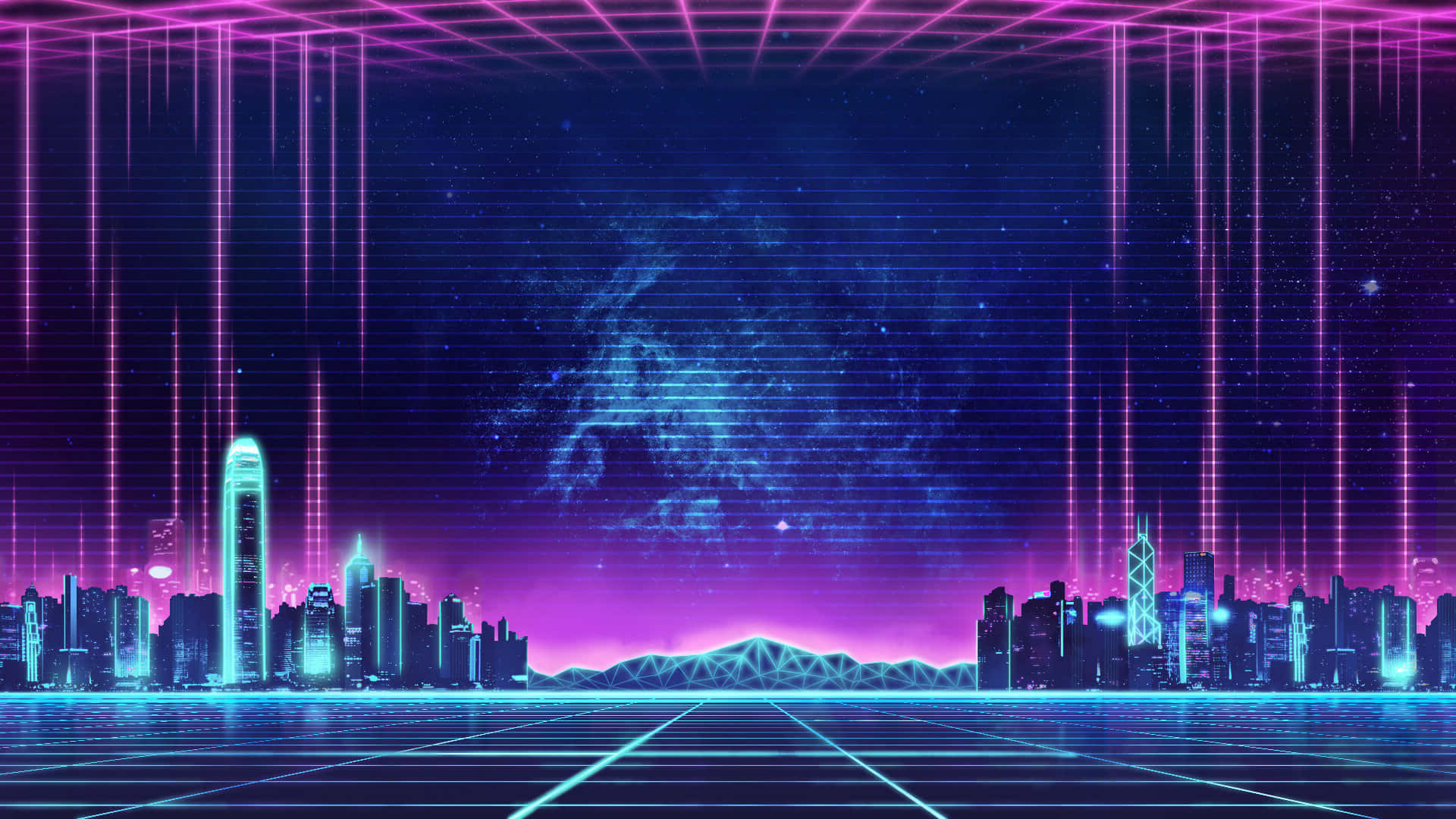 合成波 桌布 壁紙 — 夜晚霓虹燈閃爍的賽博龐克城市景觀，帶有發光的網格線和繁星點點的數位天空。