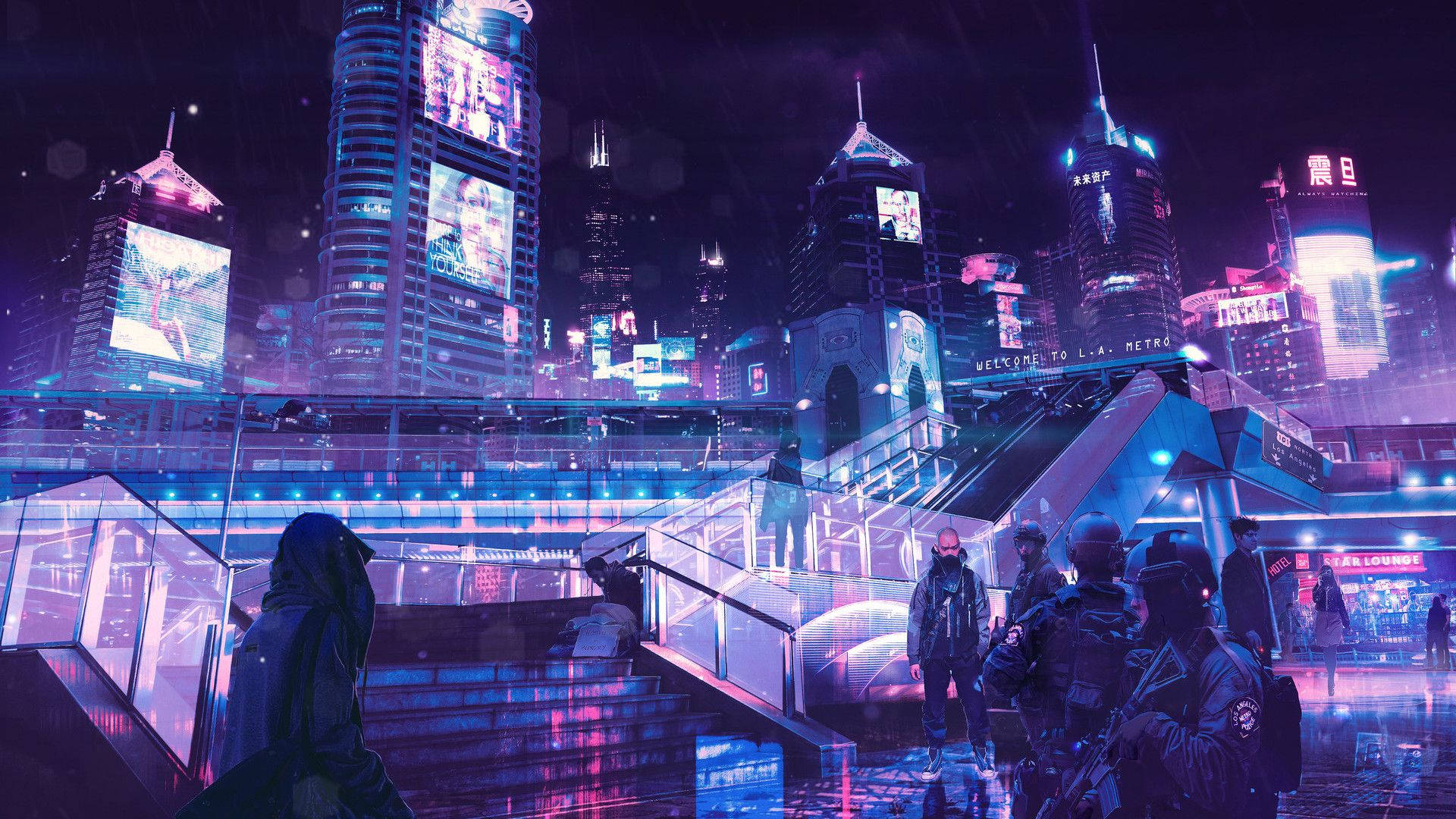 電馭叛客2077 桌布 壁紙 — 夜晚霓虹燈閃爍的賽博龐克城市景觀，高聳的摩天大樓散發全息廣告的光芒，人們在雨濕的街道上穿梭。