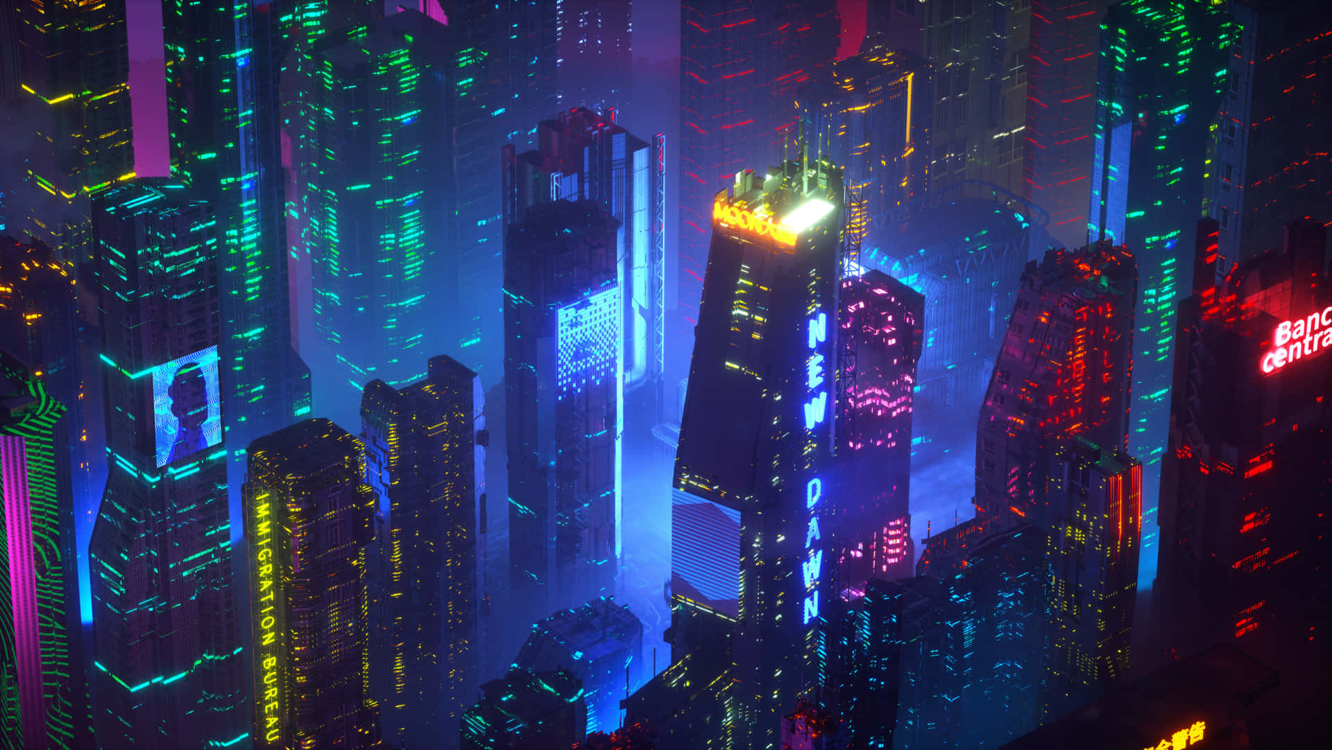 Neon City Aesthetic 桌布 壁紙 — 夜晚霓虹燈閃爍的賽博龐克城市景觀，高聳的摩天大樓散發著電光藍、綠和紅色。