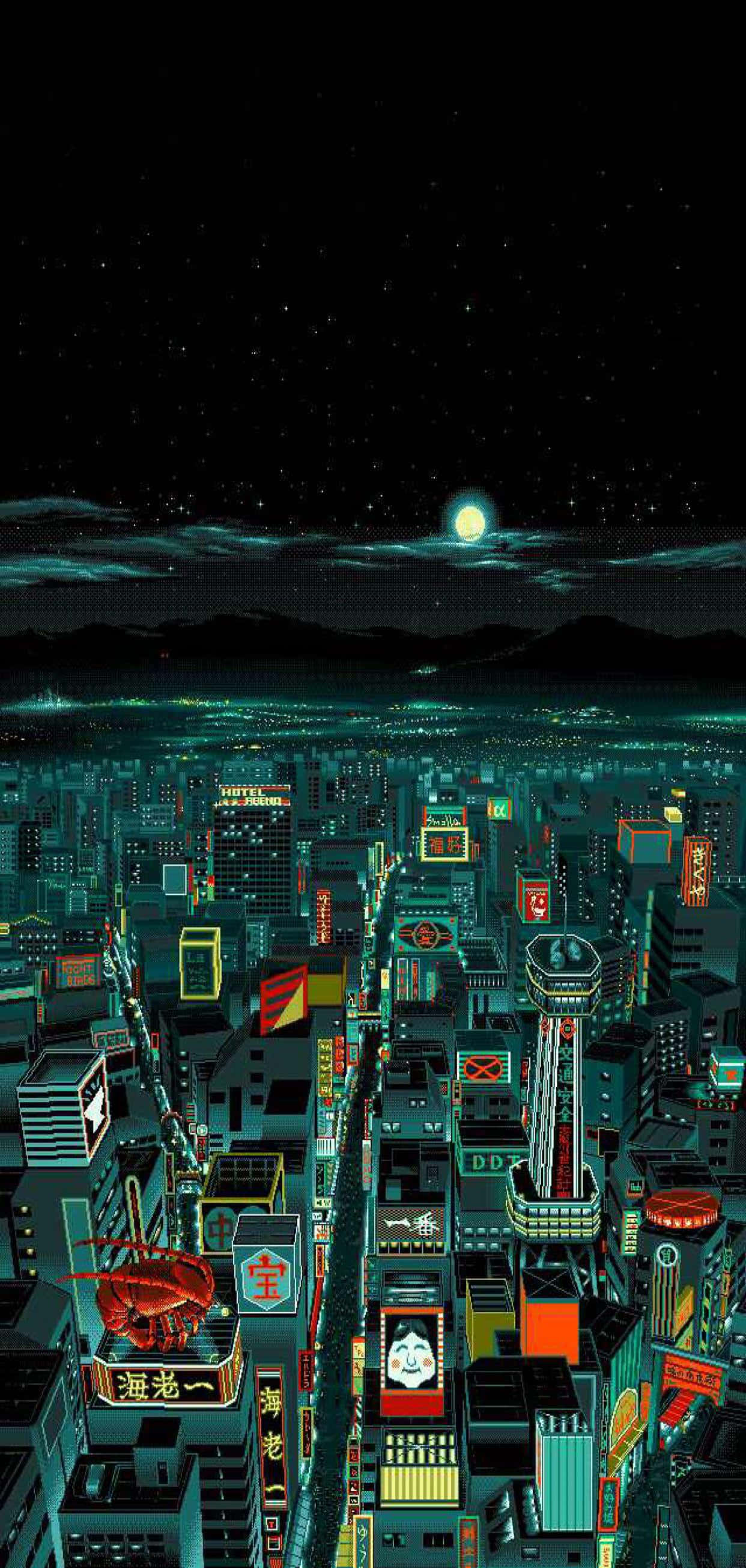 桌布 壁紙 — 夜晚霓虹燈閃爍的賽博龐克城市景觀，發光的招牌和遠處山脈上的一輪滿月。