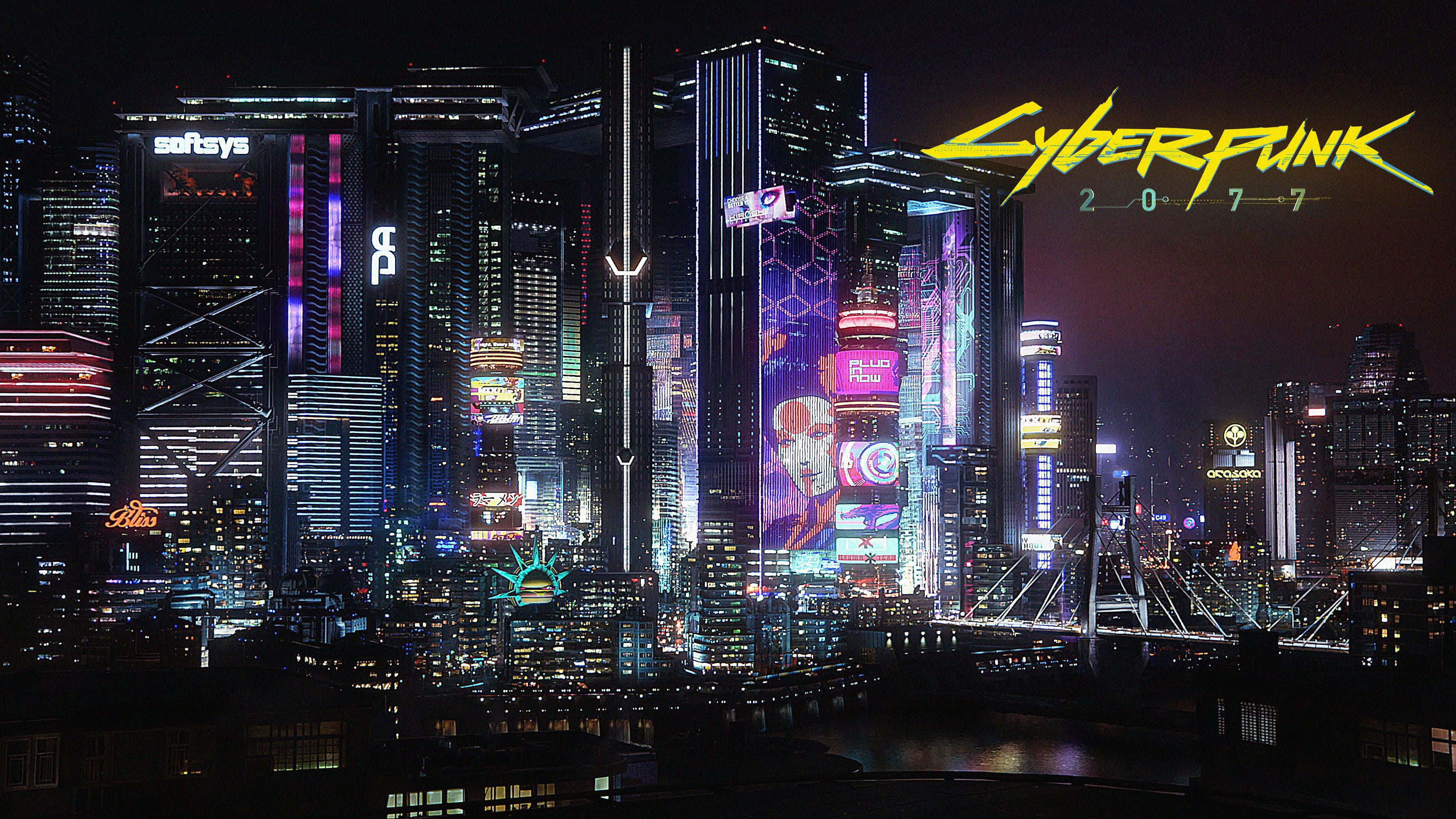 Cyberpunk Laptop 桌布 壁紙 — 夜晚霓虹燈閃爍的賽博龐克城市景觀，高聳的摩天大樓閃耀著鮮豔的數位廣告牌和全息投影。