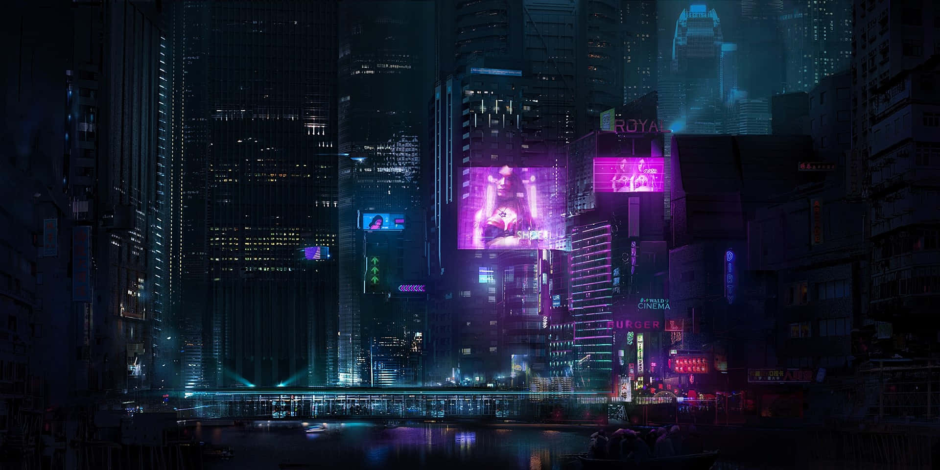 Dark Cyberpunk 桌布 壁紙 — 夜晚霓虹燈閃爍的賽博龐克城市景觀，高聳的摩天大樓在潮濕的街道上反射出鮮豔的紫色和藍色燈光。