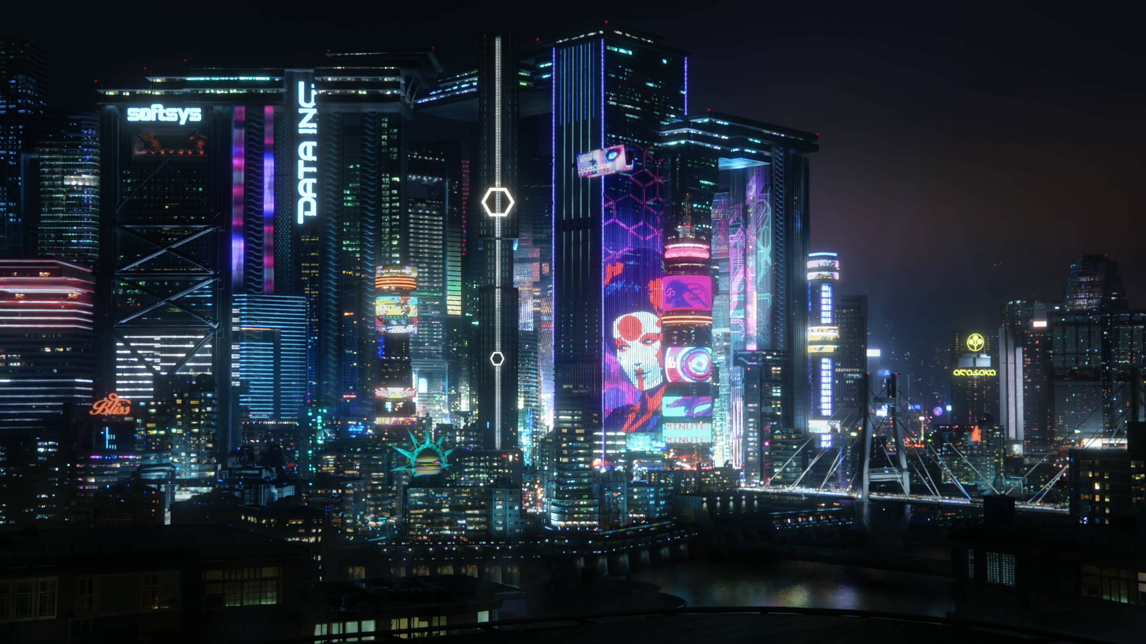 電馭叛客2077 桌布 壁紙 — 夜晚霓虹燈閃爍的賽博龐克城市景觀，高聳的摩天大樓散發著全息廣告和數位標牌的光芒。