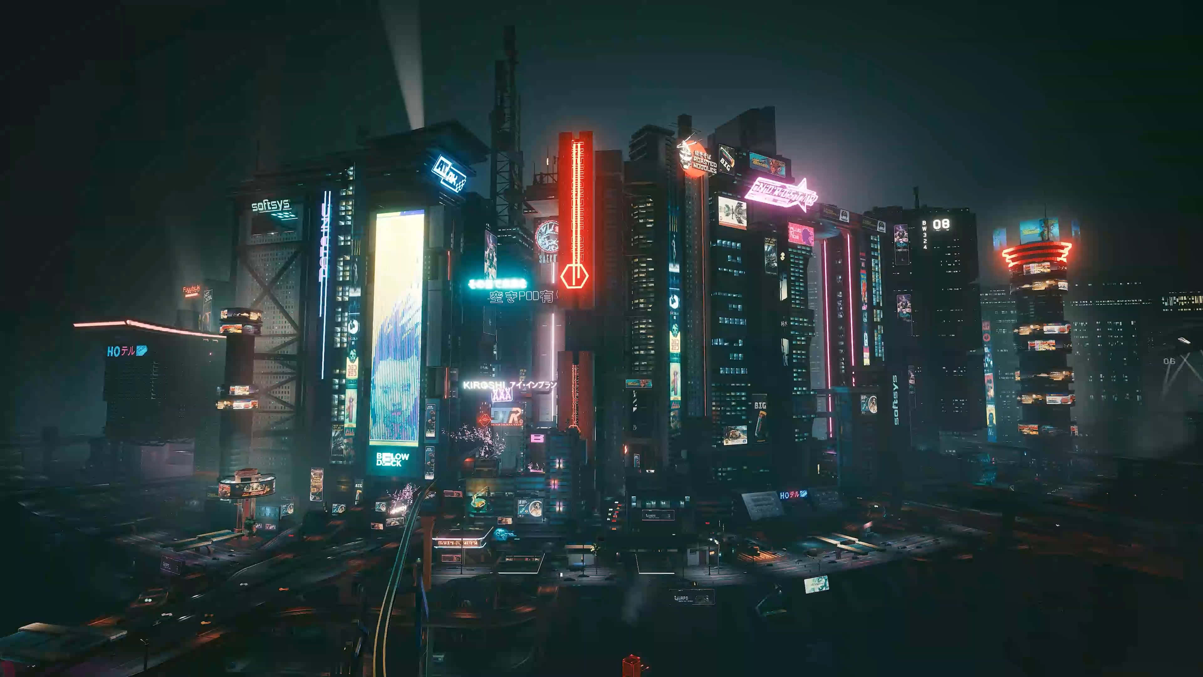 夜景城市 桌布 壁紙 — 夜晚霓虹燈閃爍的賽博龐克城市景觀，高聳的摩天大樓散發著充滿活力的數位廣告牌和全息投影。