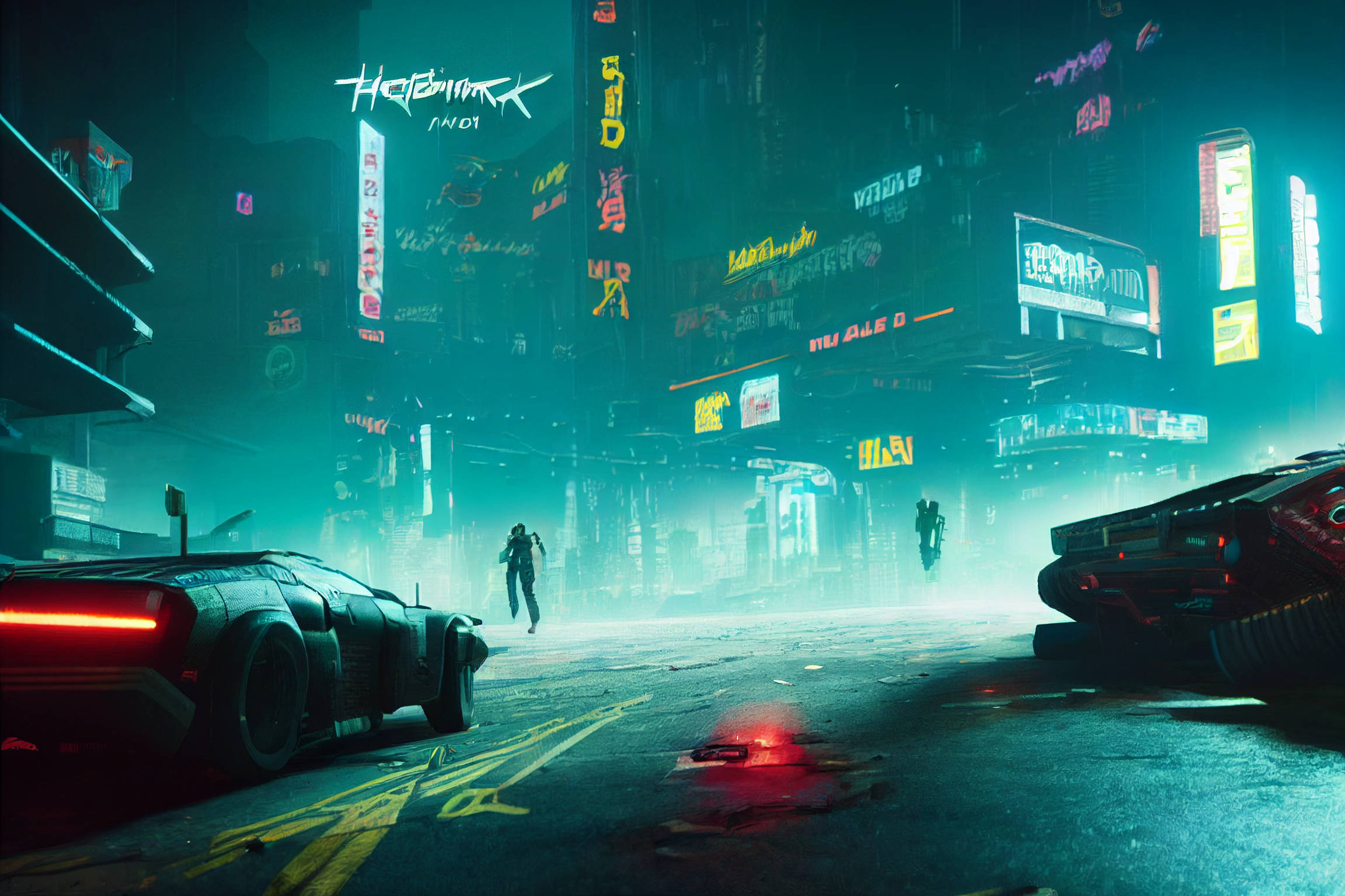 Cyberpunk Desktop 桌布 壁紙 — 夜晚霓虹燈閃爍的賽博龐克城市街道，發光的招牌、未來主義的汽車和孤獨的身影在霧雨中行走。