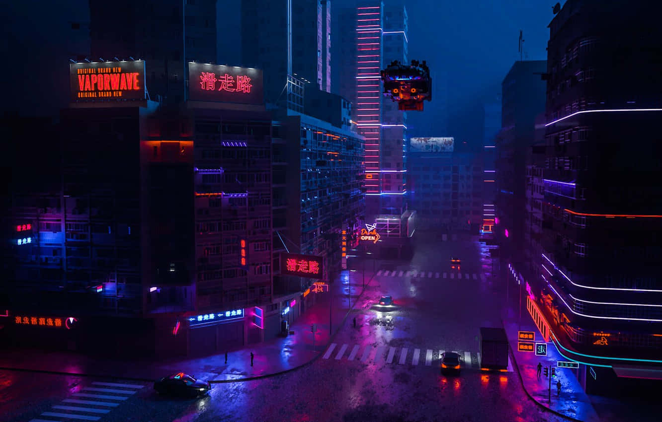 賽博龐克城市 桌布 壁紙 — 夜晚霓虹燈閃爍的賽博龐克城市街道，發光的招牌、雨水浸濕的路面及漂浮的車輛。