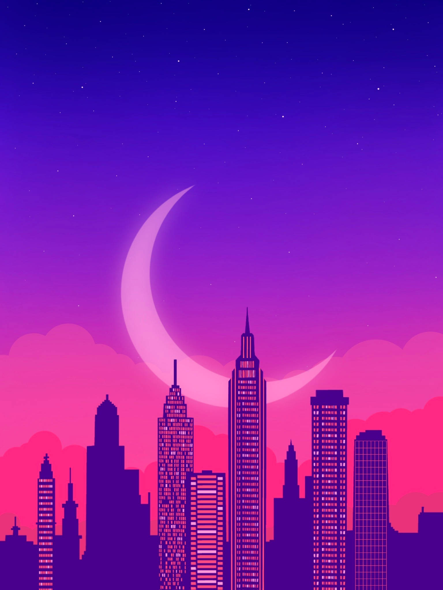 城市藝術 桌布 壁紙 — 夜晚風格化的城市天際線，在發光的彎月與繁星點點的紫粉色天空下。