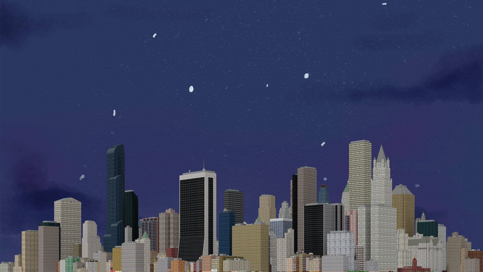 桌布 壁紙 — 夜晚風格化的城市天際線，在繁星點點的深藍色天空下，伴有零星雲朵。