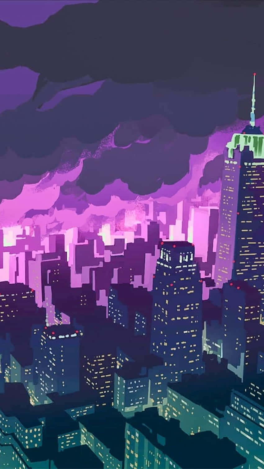 動漫 桌布 壁紙 — 夜晚風格化的城市景觀，紫色雲層和發光的窗戶，在暴風雨的天空下。