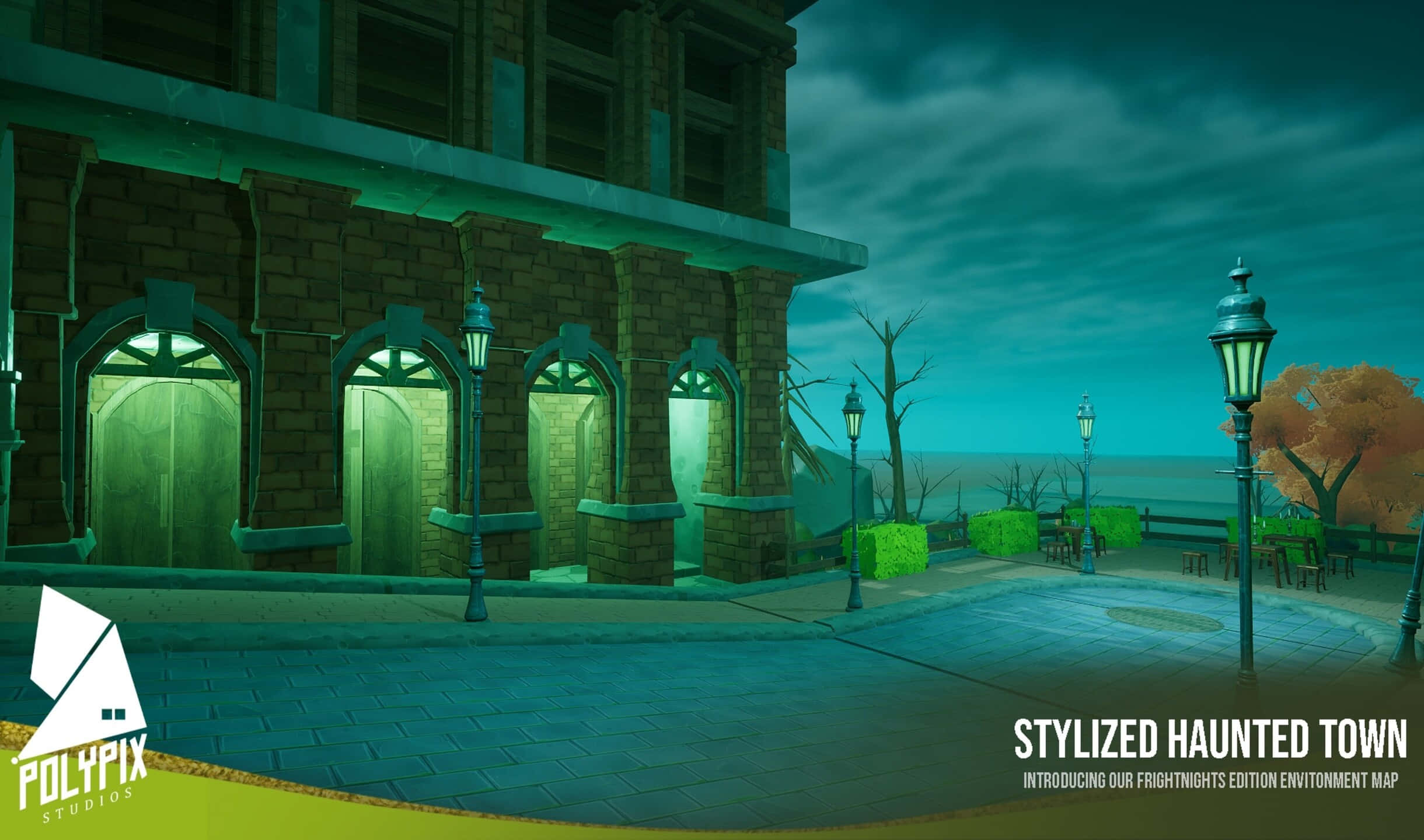 2440x1440 Bioshock Infinite 桌布 壁紙 — 夜晚風格化的鬼城，在暴風雨的天空下，有發光的綠色門和詭異的路燈。