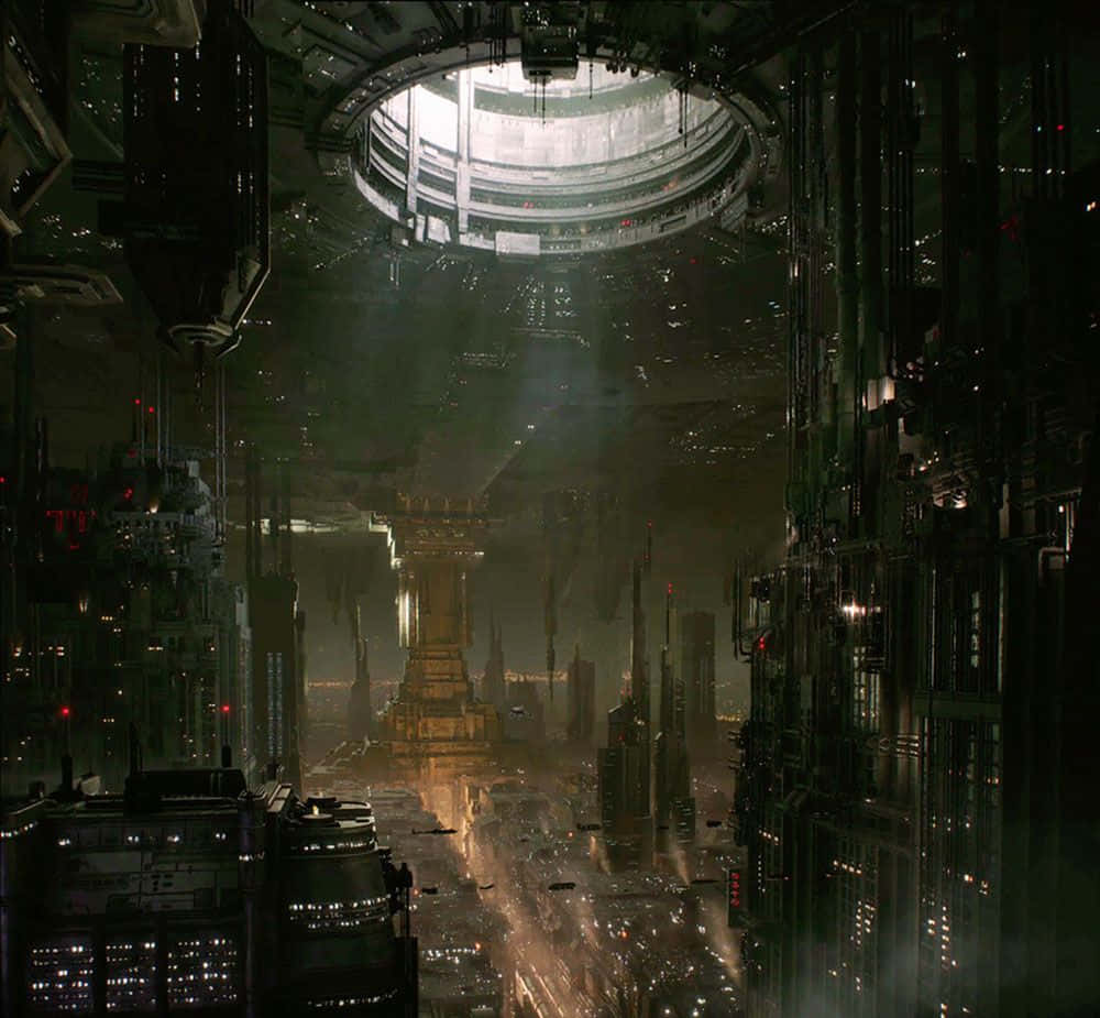 The Coruscant Underworld 桌布 壁紙 — 夜晚高聳的未來城市景觀，閃爍的霓虹燈光和頭頂上巨大的圓形結構。