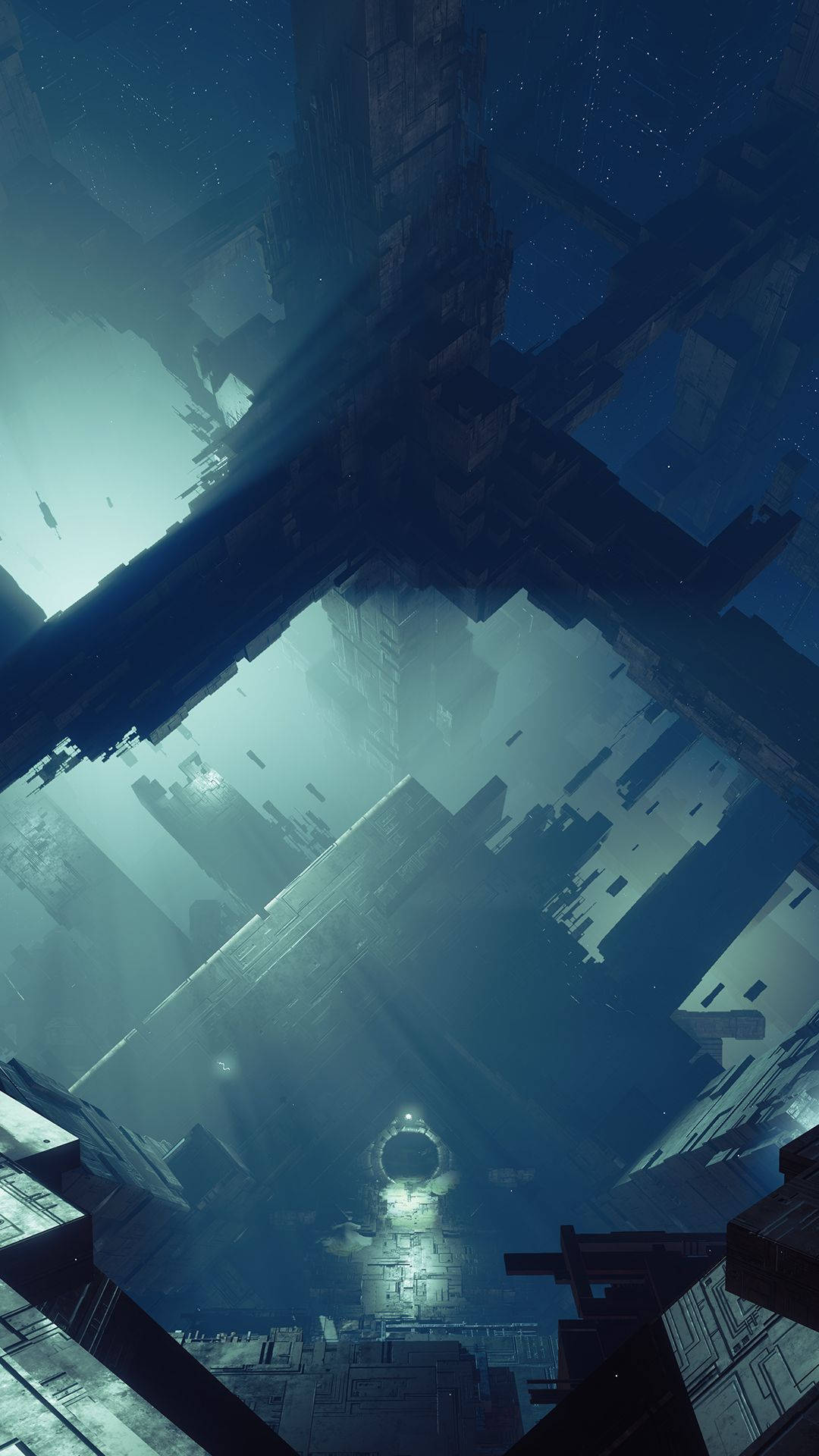 destiny 4K 桌布 壁紙 — 夜晚高聳的未來城市景觀，閃爍的霓虹燈和摩天大樓在星空下矗立。