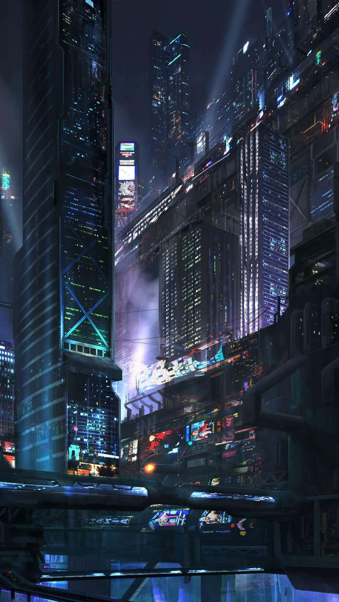 電馭叛客2077 桌布 壁紙 — 夜晚高聳的賽博龐克城市景觀，摩天大樓上霓虹燈閃爍，雨中飛行車輛穿梭。