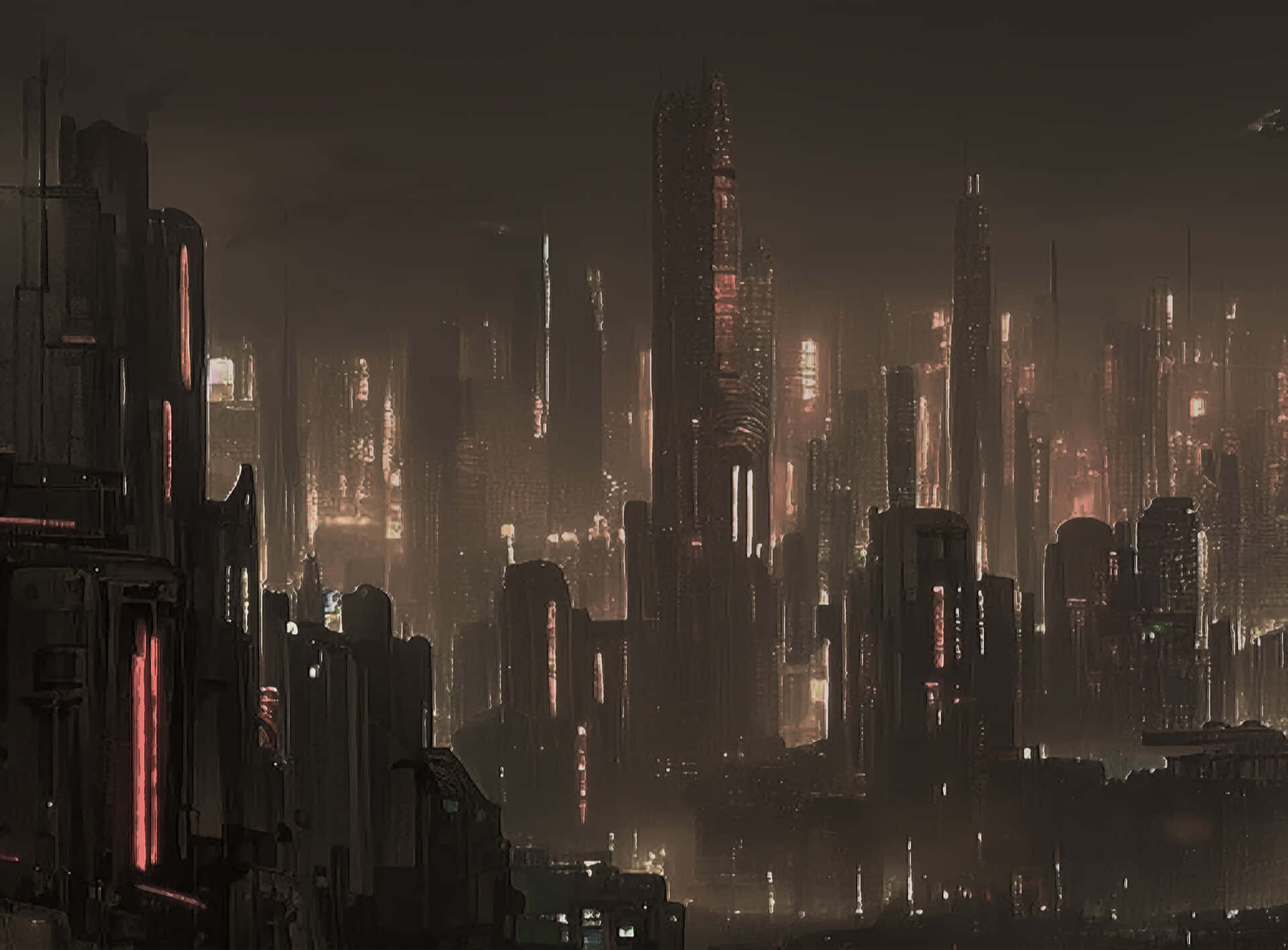 Gotham City 桌布 壁紙 — 夜晚高聳的賽博龐克城市景觀，霓虹燈穿過煙霧瀰漫的薄霧和高聳的摩天大樓。