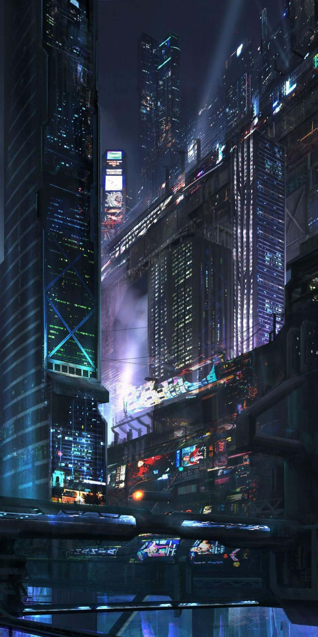 Pixel 3 Cyberpunk 2077 桌布 壁紙 — 夜晚高聳的霓虹燈光 cyberpunk 城市景觀，發光的摩天大樓和飛行車輛在潮濕的街道上反射。