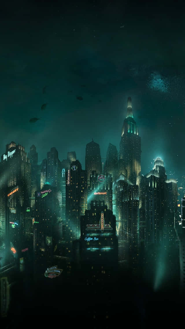 桌布 壁紙 — 夜晚高聳的霓虹燈城市景觀，閃爍的摩天大樓和霧濛濛的藍綠色氛圍。