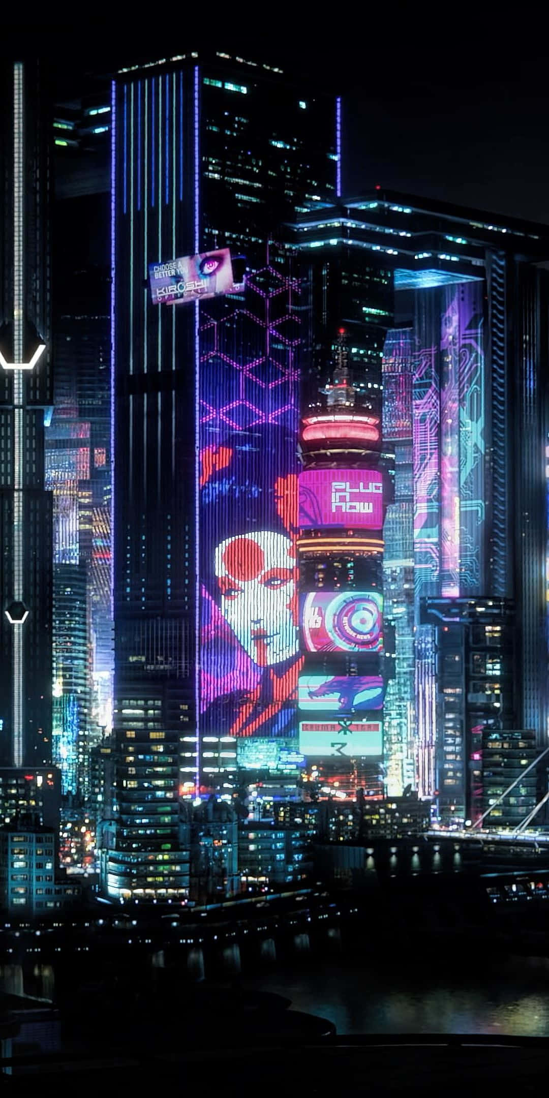 Pixel 3xl Cyberpunk 2077 桌布 壁紙 — 夜晚高聳的霓虹燈賽博龐克城市景觀，全息廣告牌和發光的摩天大樓倒映在水中。