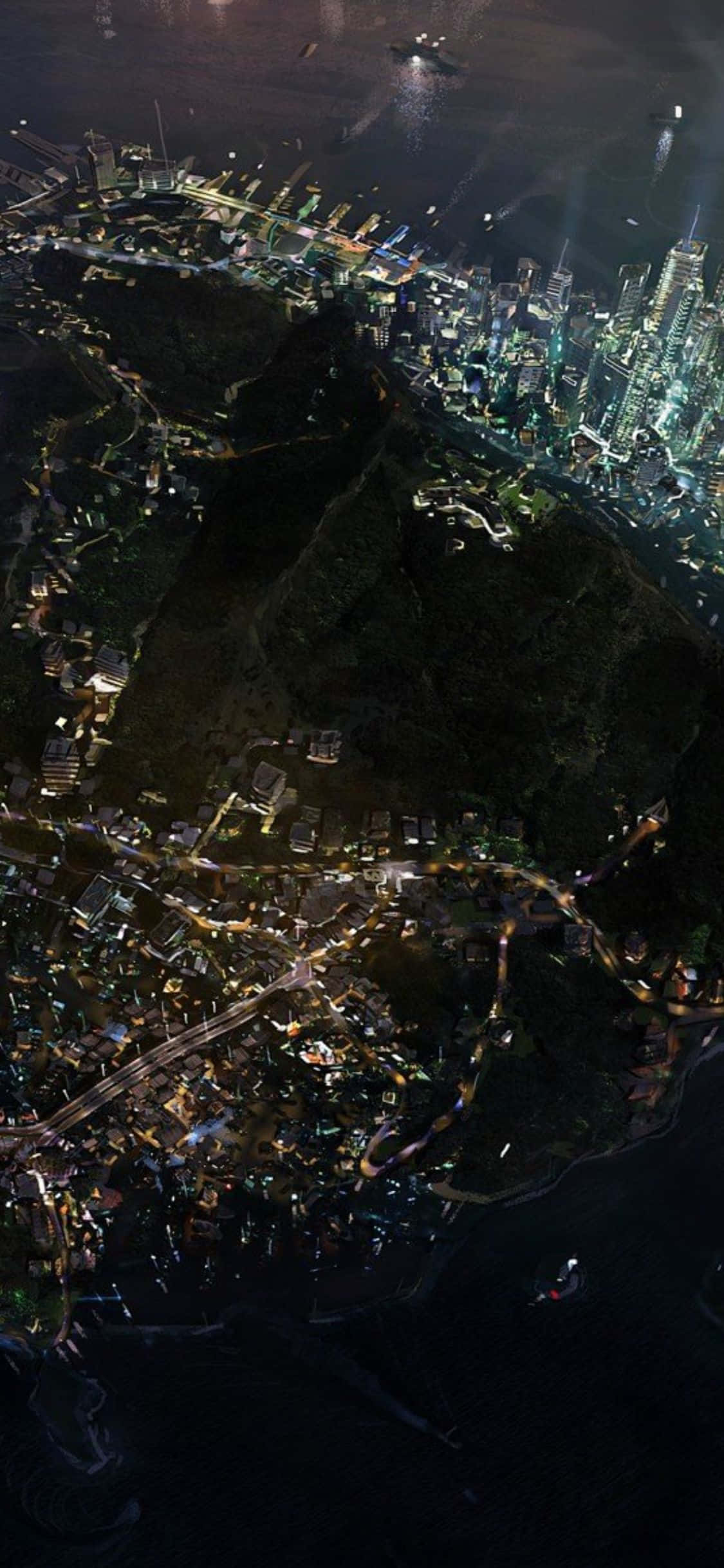 iPhone Xs Sleeping Dogs 桌布 壁紙 — 夜晚鳥瞰一座依傍黑暗山脈的廣闊城市，發光的燈光照亮街道和建築物。