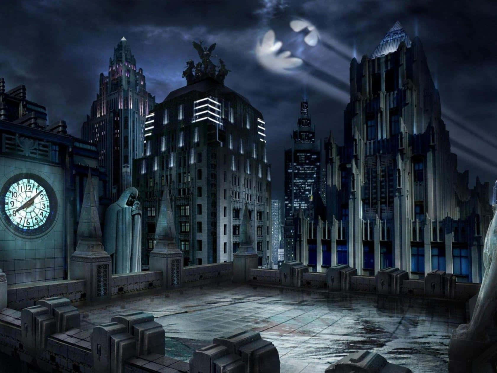 Gotham City 桌布 壁紙 — 夜晚黑暗的哥德式城市景觀，有高聳的建築物、發光的時鐘和月光天空中的蝙蝠標誌。
