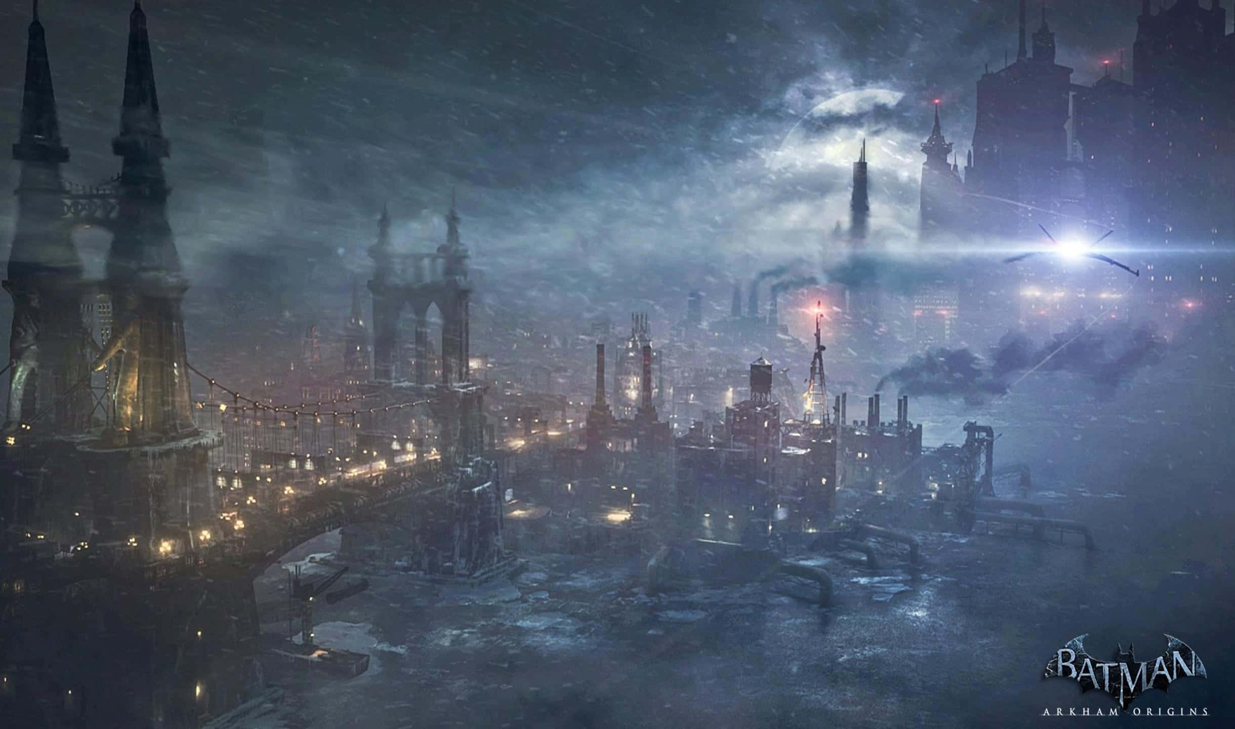2440x1440 Batman Arkham City 桌布 壁紙 — 夜晚黑暗的哥德式城市景觀，閃爍的路燈和霧氣瀰漫的氛圍，天空多雲。