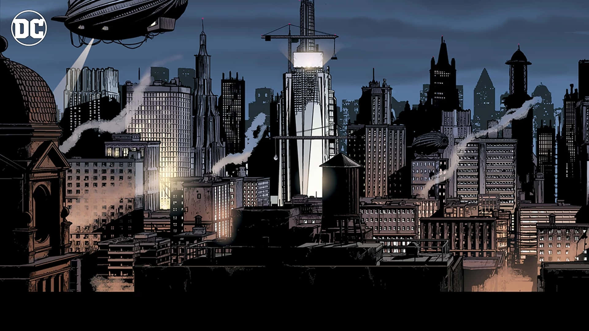 Gotham City 桌布 壁紙 — 夜晚黑暗的漫畫城市景觀，飛船飛過明亮的摩天大樓，工業建築冒出的煙霧。