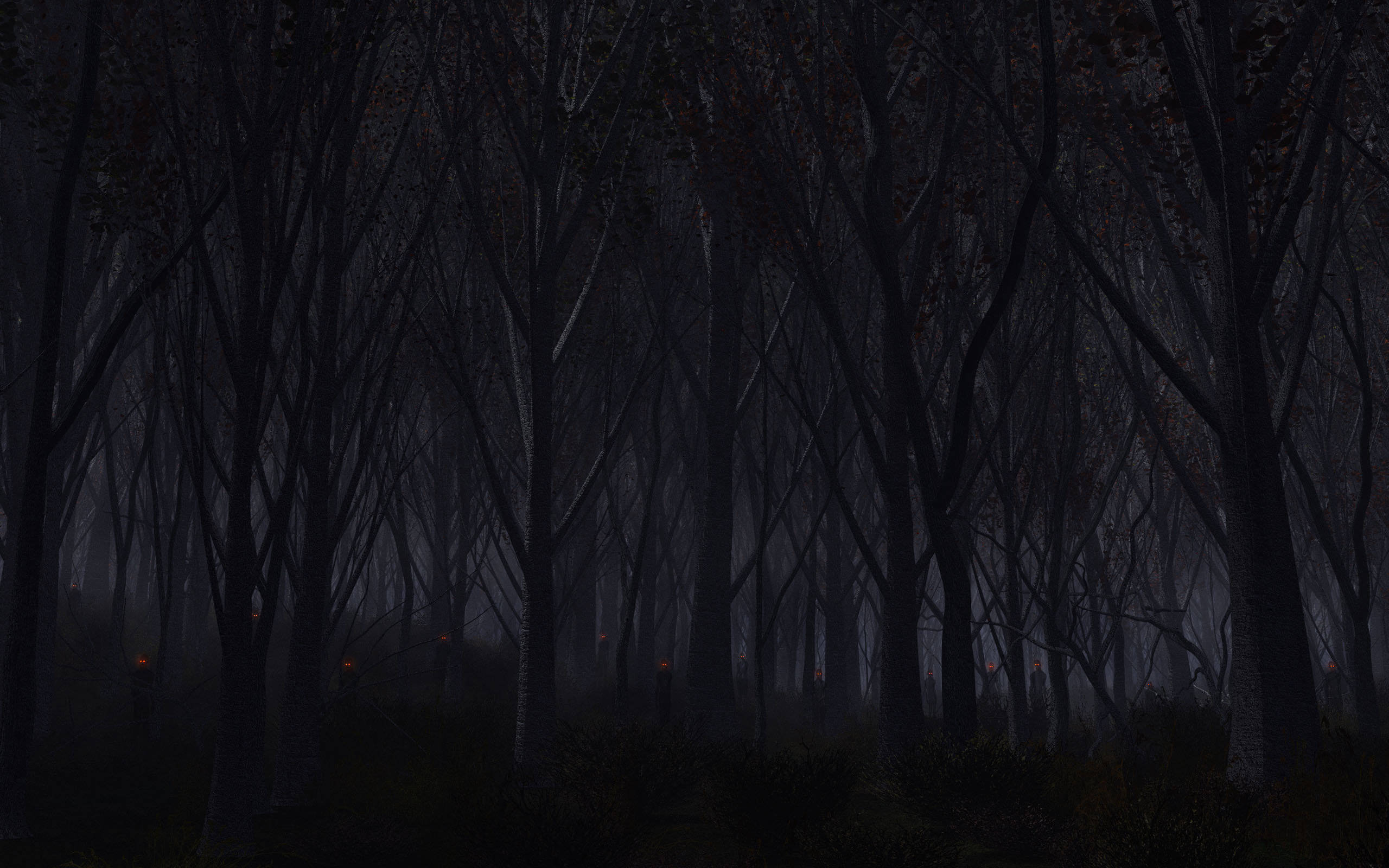Dark Halloween 桌布 壁紙 — 夜晚黑暗霧濛濛的森林，光禿禿的樹木和遠處微弱發光的燈光。