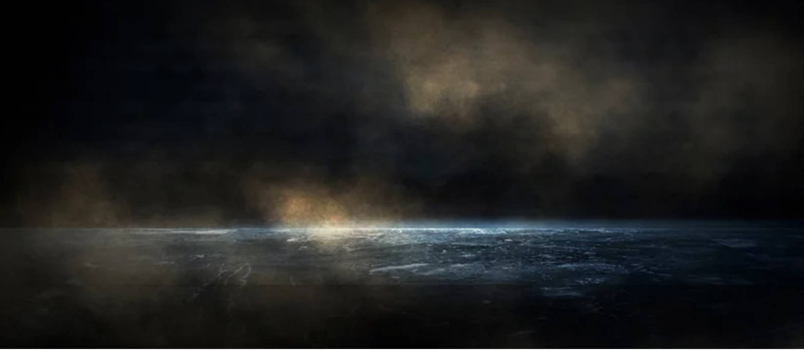 暴風雲下的黑暗海洋，夜晚發光的地平線。 — 彩色動畫 壁紙