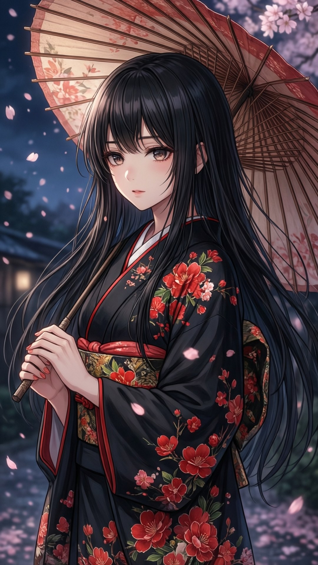 夜曲著物 壁紙 — 一位年輕的動漫女孩穿著黑色花卉和服，手持紙傘，櫻花在黃昏時分在她周圍飄落。