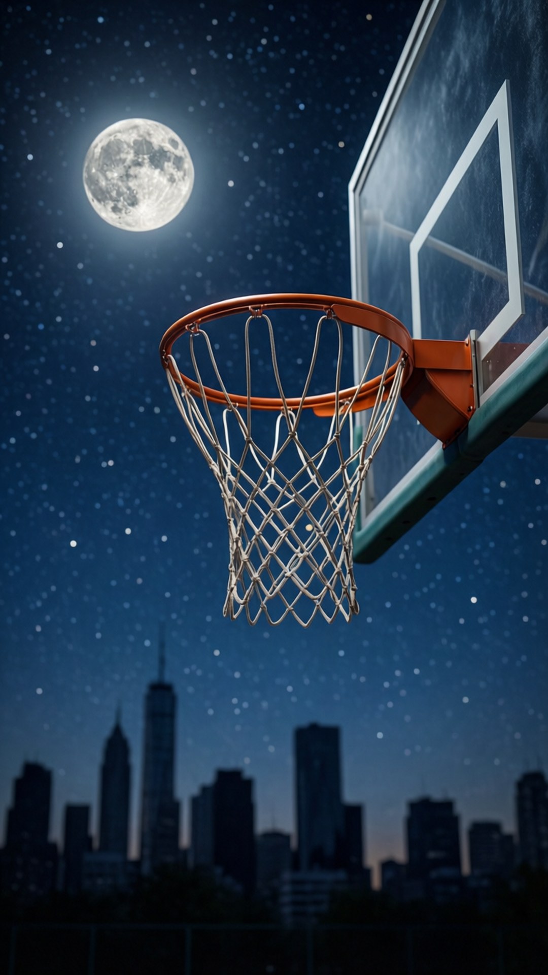 星空與城市燈光下，戶外籃球框的夢幻夜景。